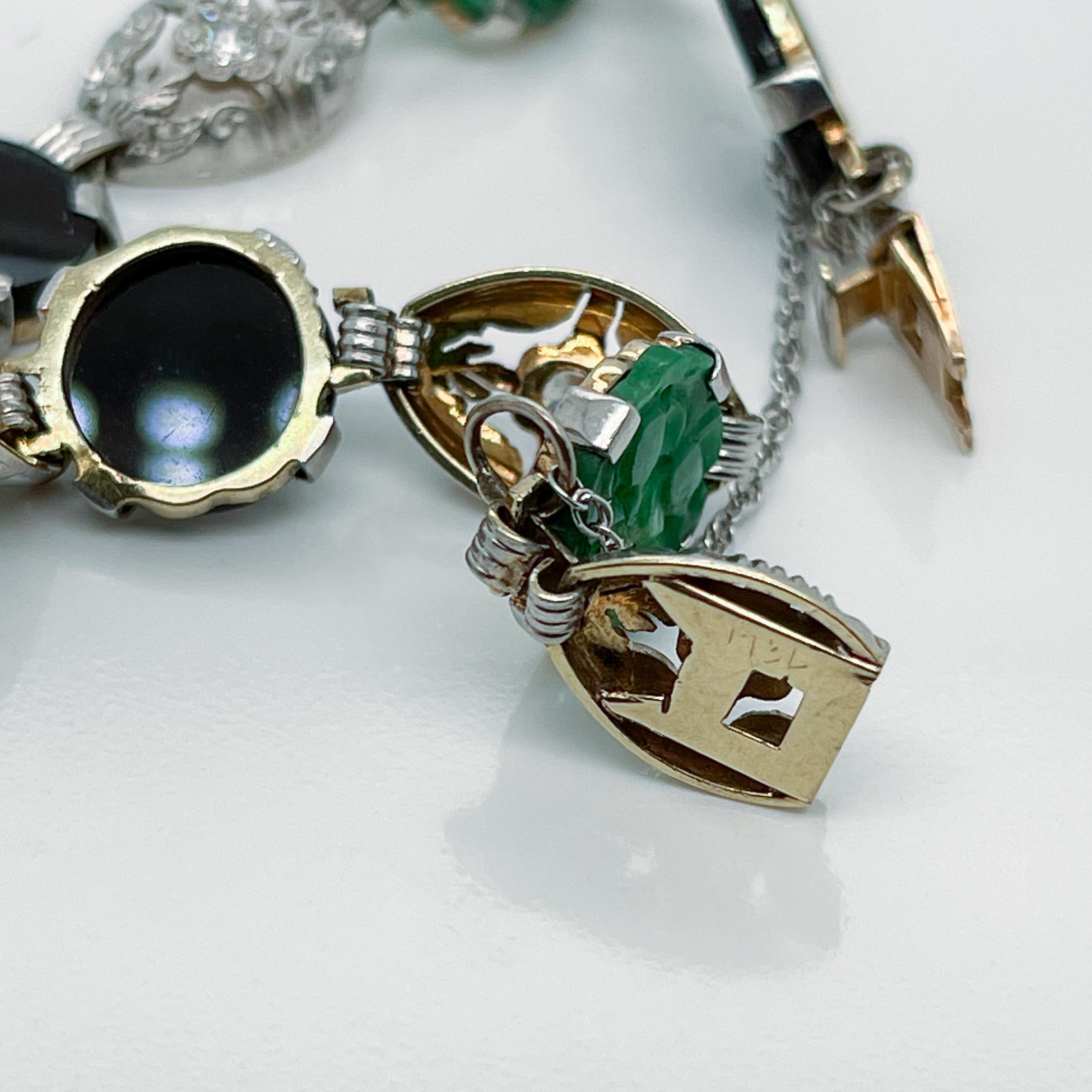 Antique Art Deco 14k Gold & Green Jade, Onyx, & Diamond Link Bracelet For Sale 5