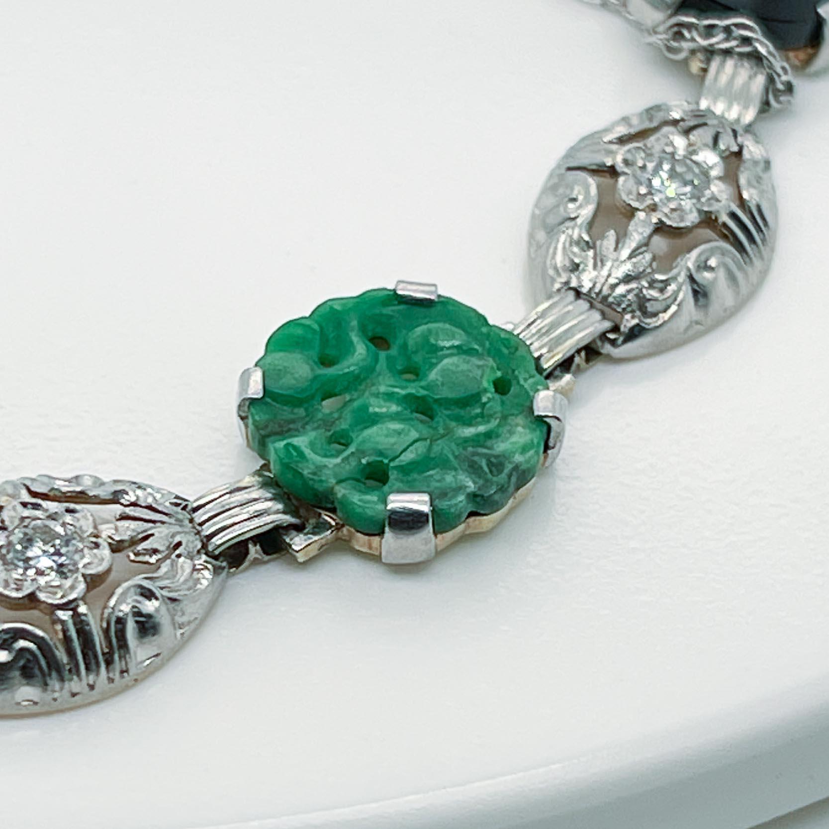 Antique Art Deco 14k Gold & Green Jade, Onyx, & Diamond Link Bracelet For Sale 6