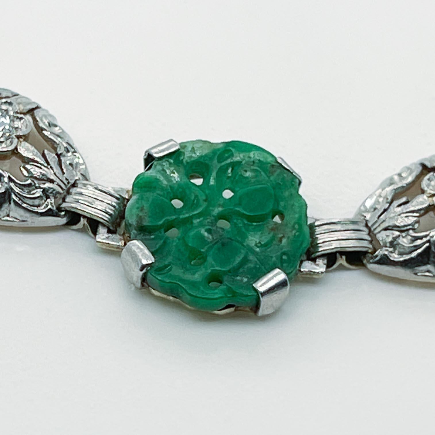 Antique Art Deco 14k Gold & Green Jade, Onyx, & Diamond Link Bracelet For Sale 7