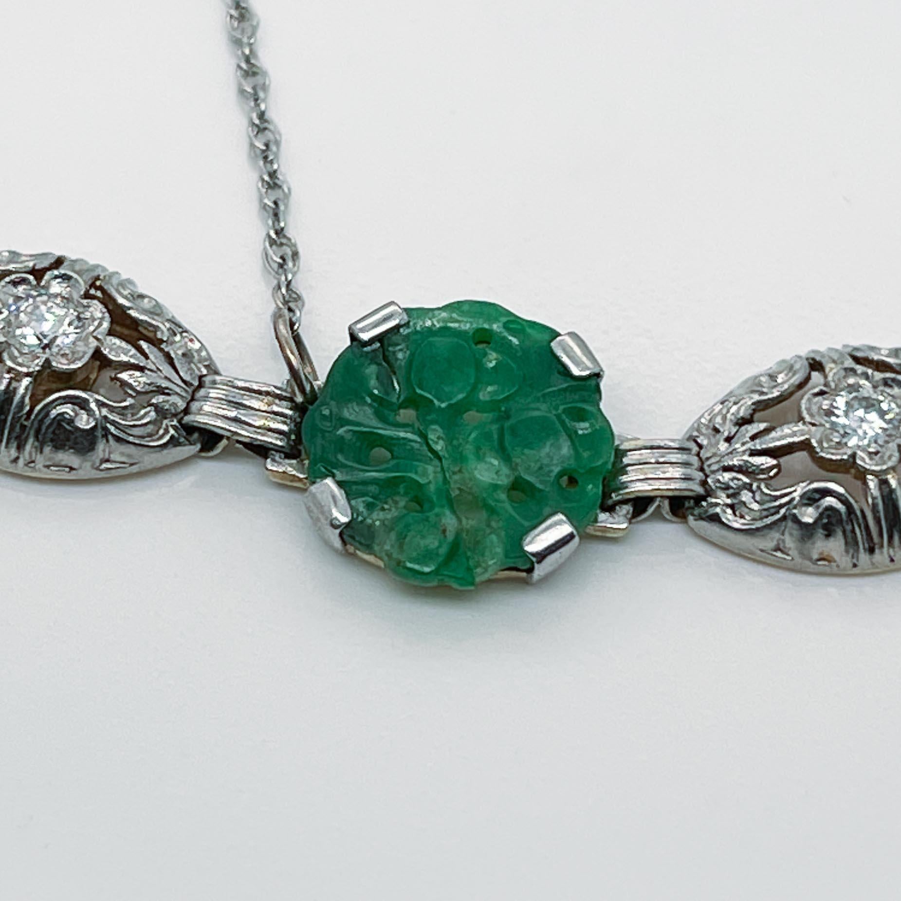 Antique Art Deco 14k Gold & Green Jade, Onyx, & Diamond Link Bracelet For Sale 8