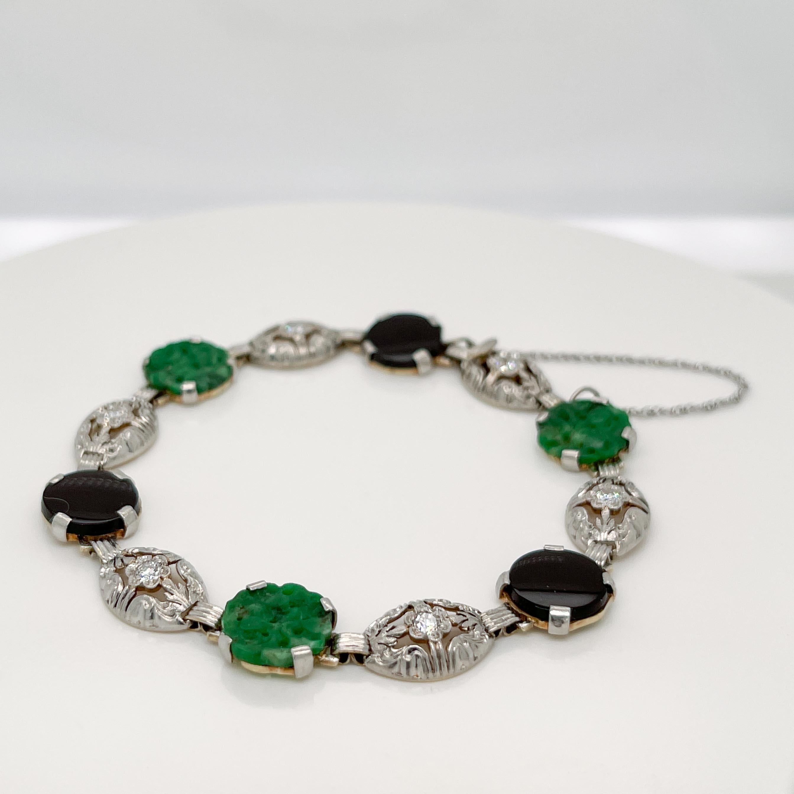 Cabochon Antique Art Deco 14k Gold & Green Jade, Onyx, & Diamond Link Bracelet For Sale