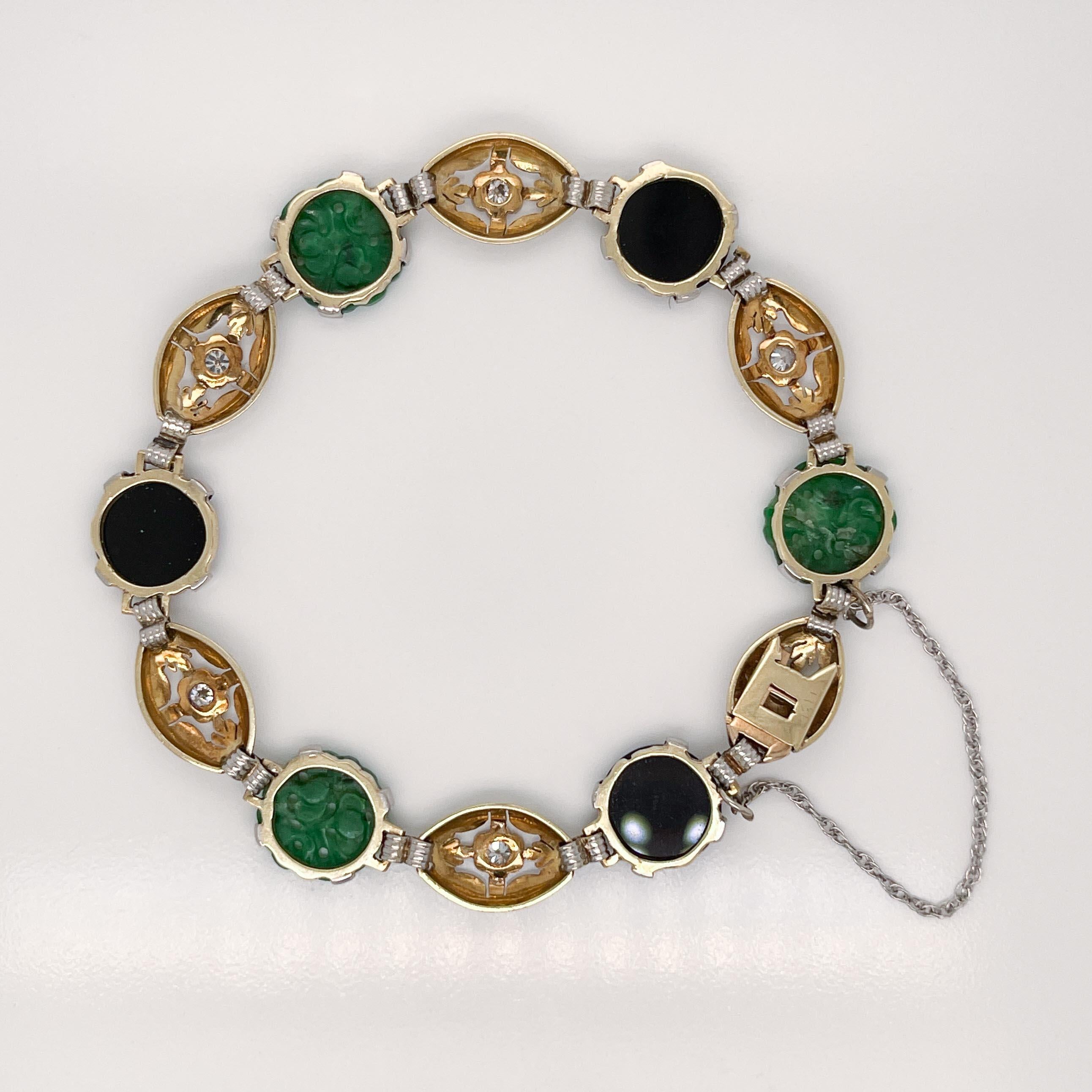 Antique Art Deco 14k Gold & Green Jade, Onyx, & Diamond Link Bracelet In Fair Condition For Sale In Philadelphia, PA