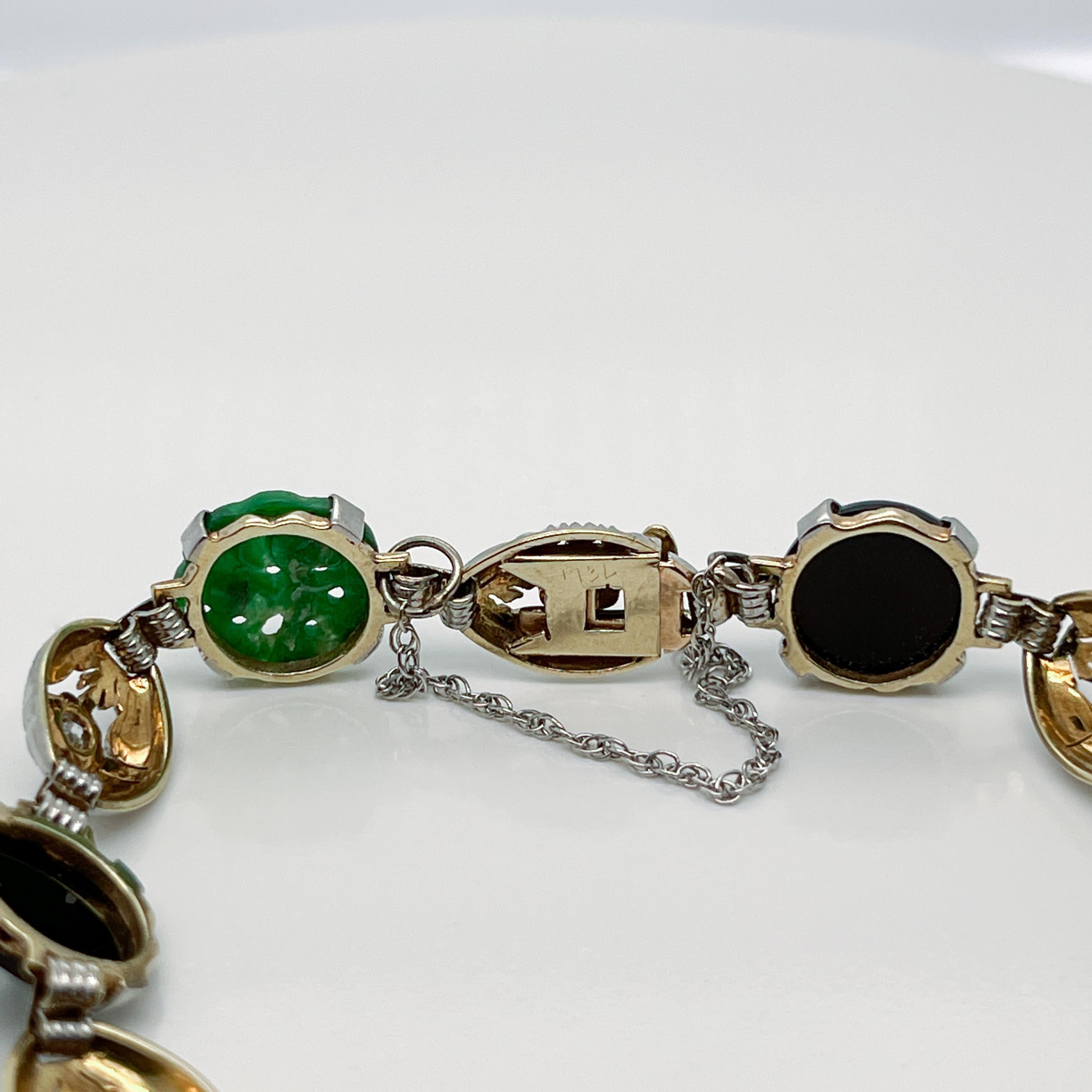 Women's Antique Art Deco 14k Gold & Green Jade, Onyx, & Diamond Link Bracelet For Sale