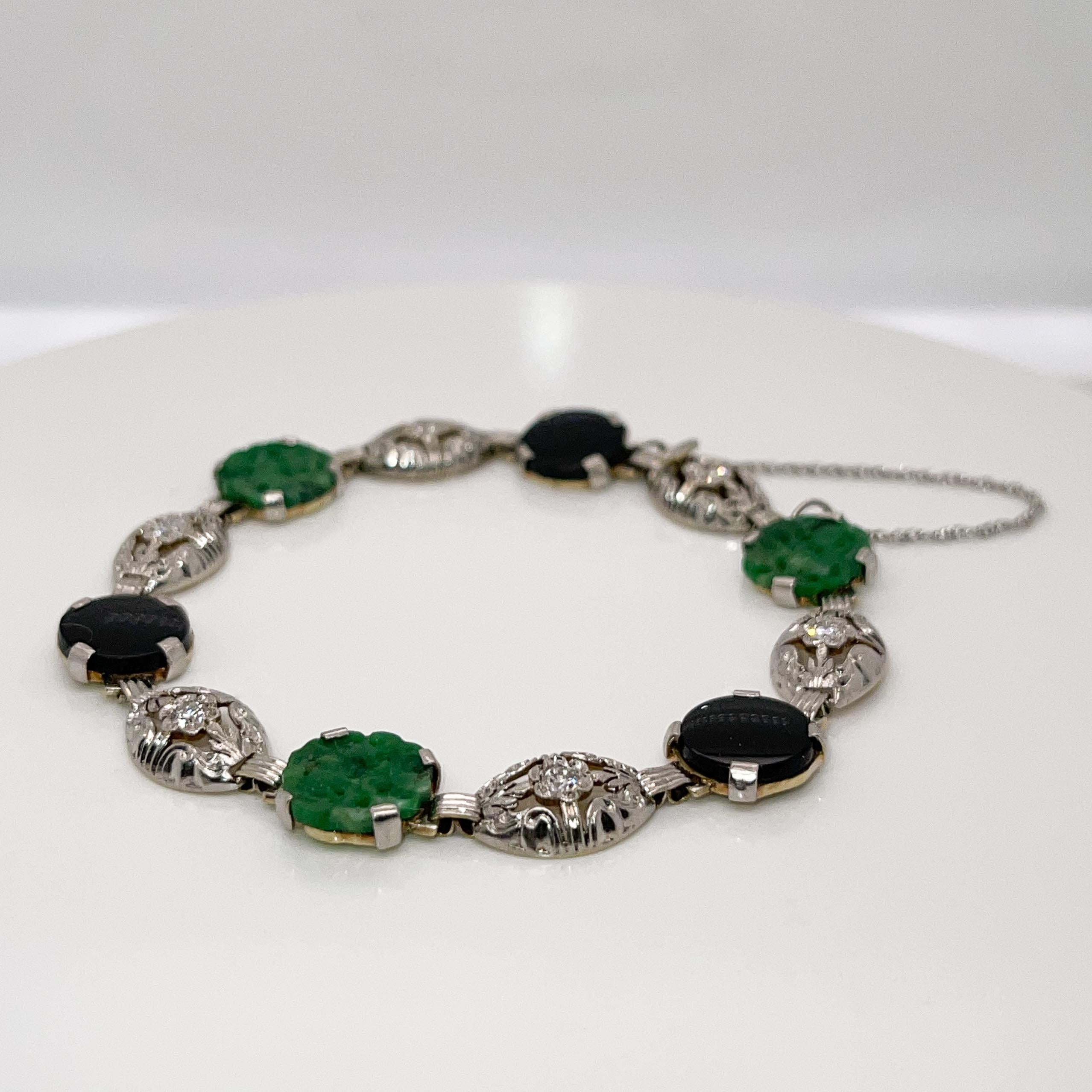 Antique Art Deco 14k Gold & Green Jade, Onyx, & Diamond Link Bracelet For Sale 1