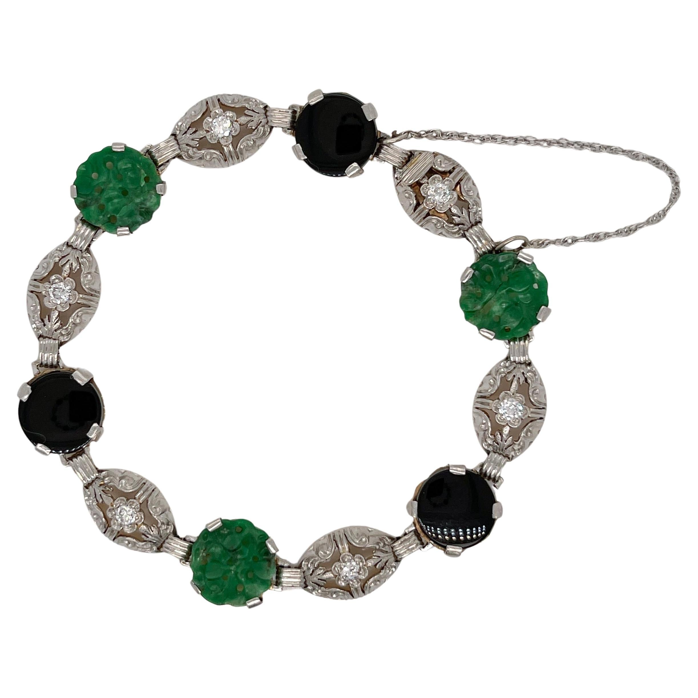 Bracelet à maillons Art déco ancien en or 14 carats, jade vert, onyx et diamants