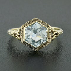 Antique Art Deco 14k Gold Hexagon Bezel Aquamarine Solitaire Open Filigree Ring