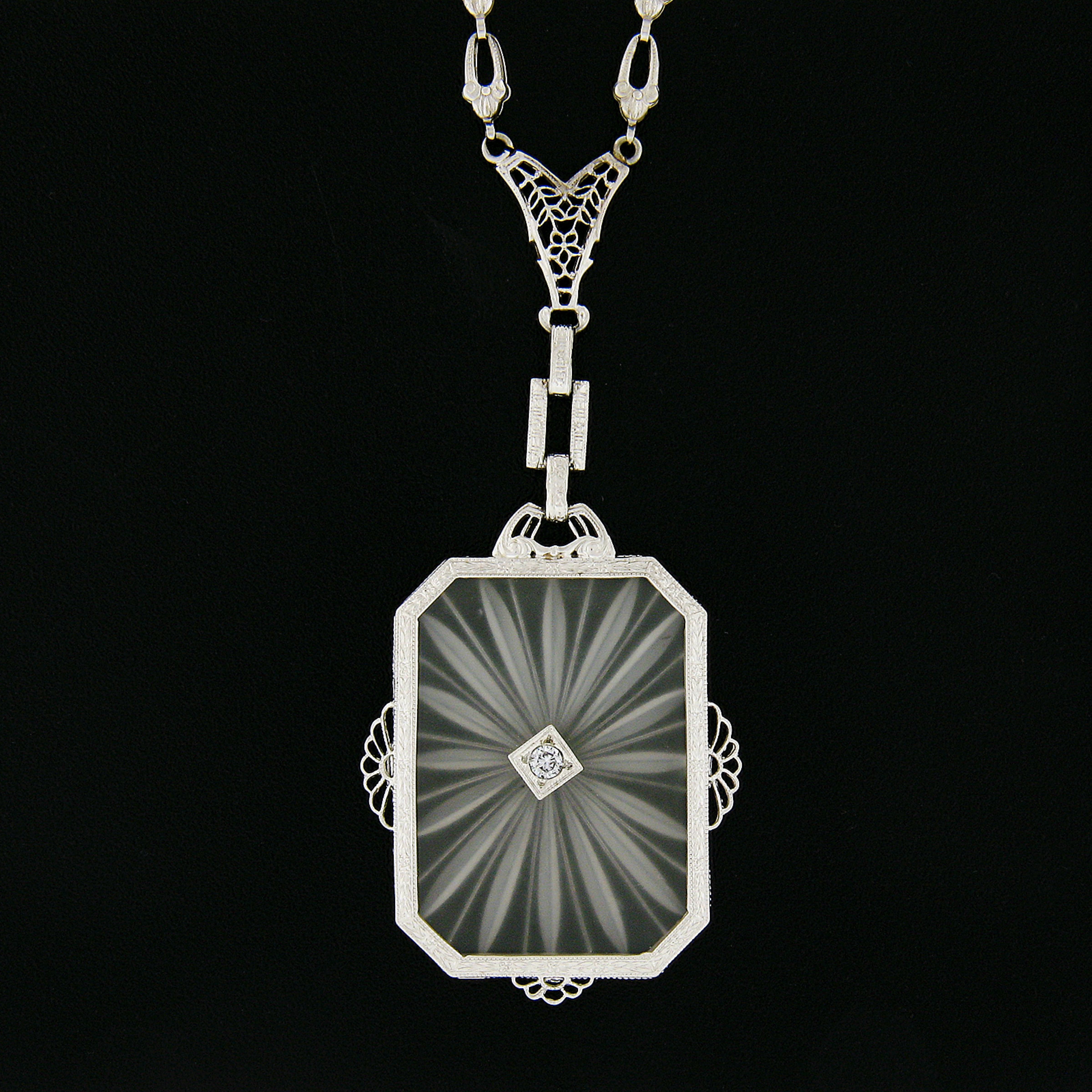 Art déco Antique Art Deco 14k Gold Large Camphor Glass Diamond Filigree Pendant Necklace en vente