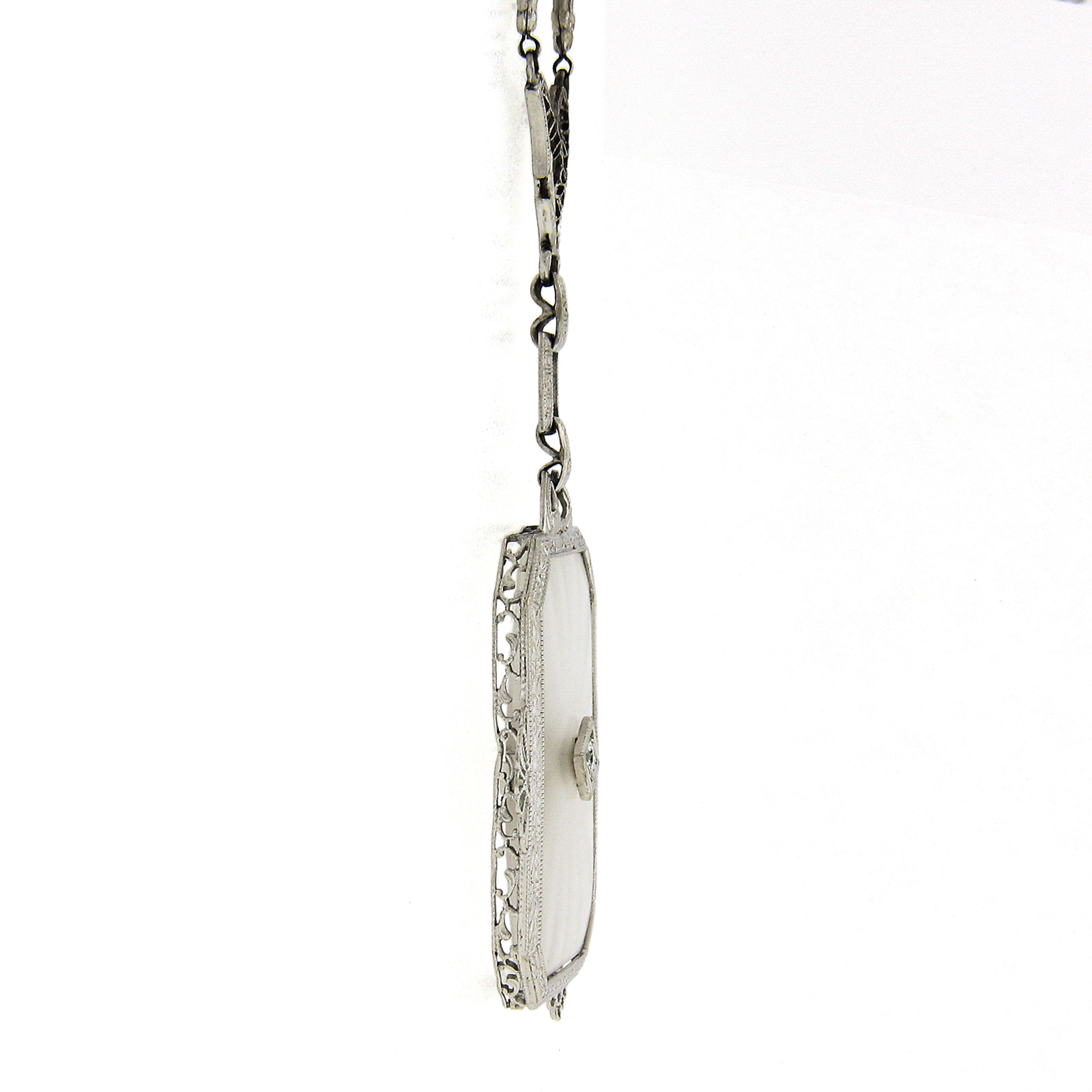 Taille vieille Europe Antique Art Deco 14k Gold Large Camphor Glass Diamond Filigree Pendant Necklace en vente