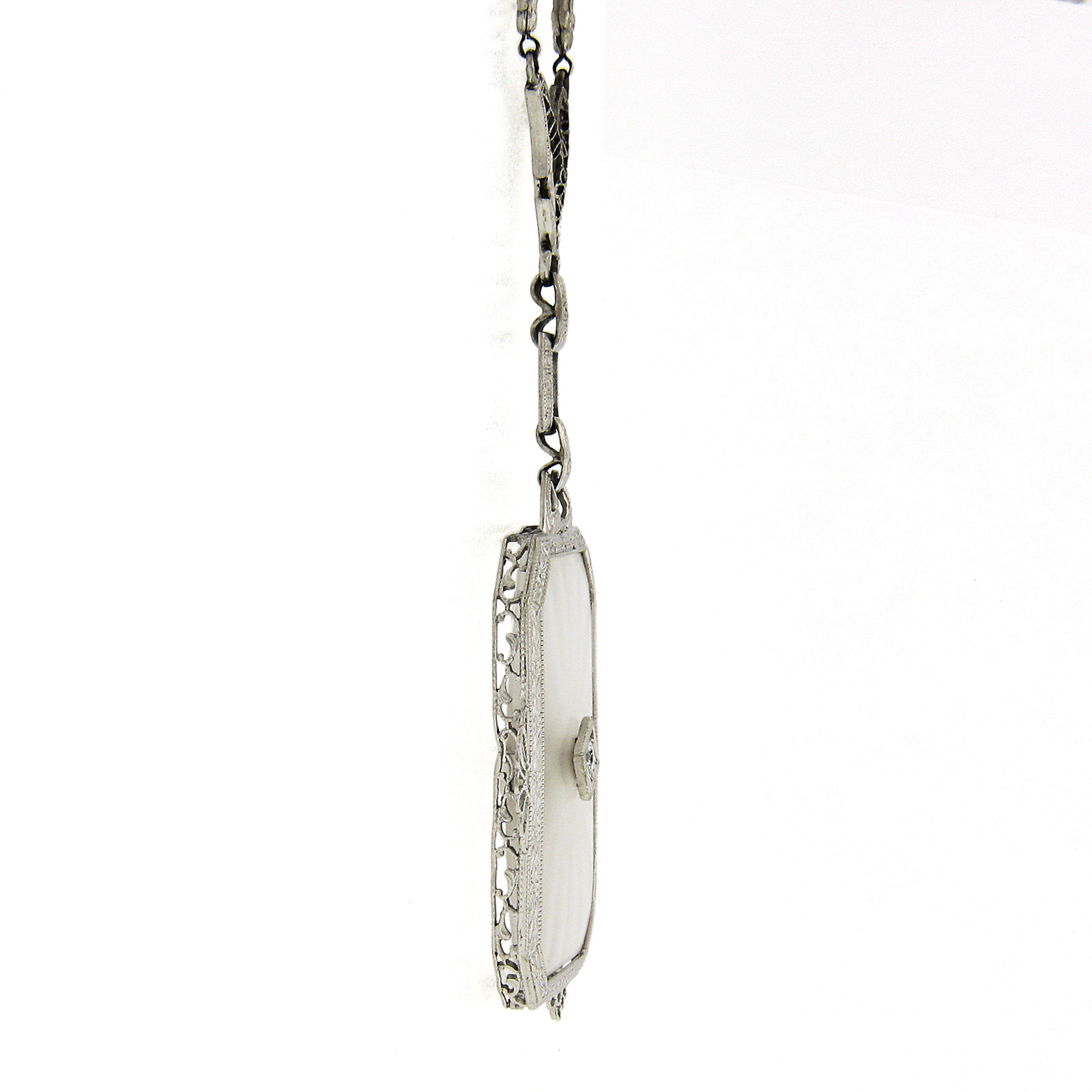 Taille vieille Europe Antique Art Deco 14k Gold Large Camphor Glass Diamond Filigree Pendant Necklace