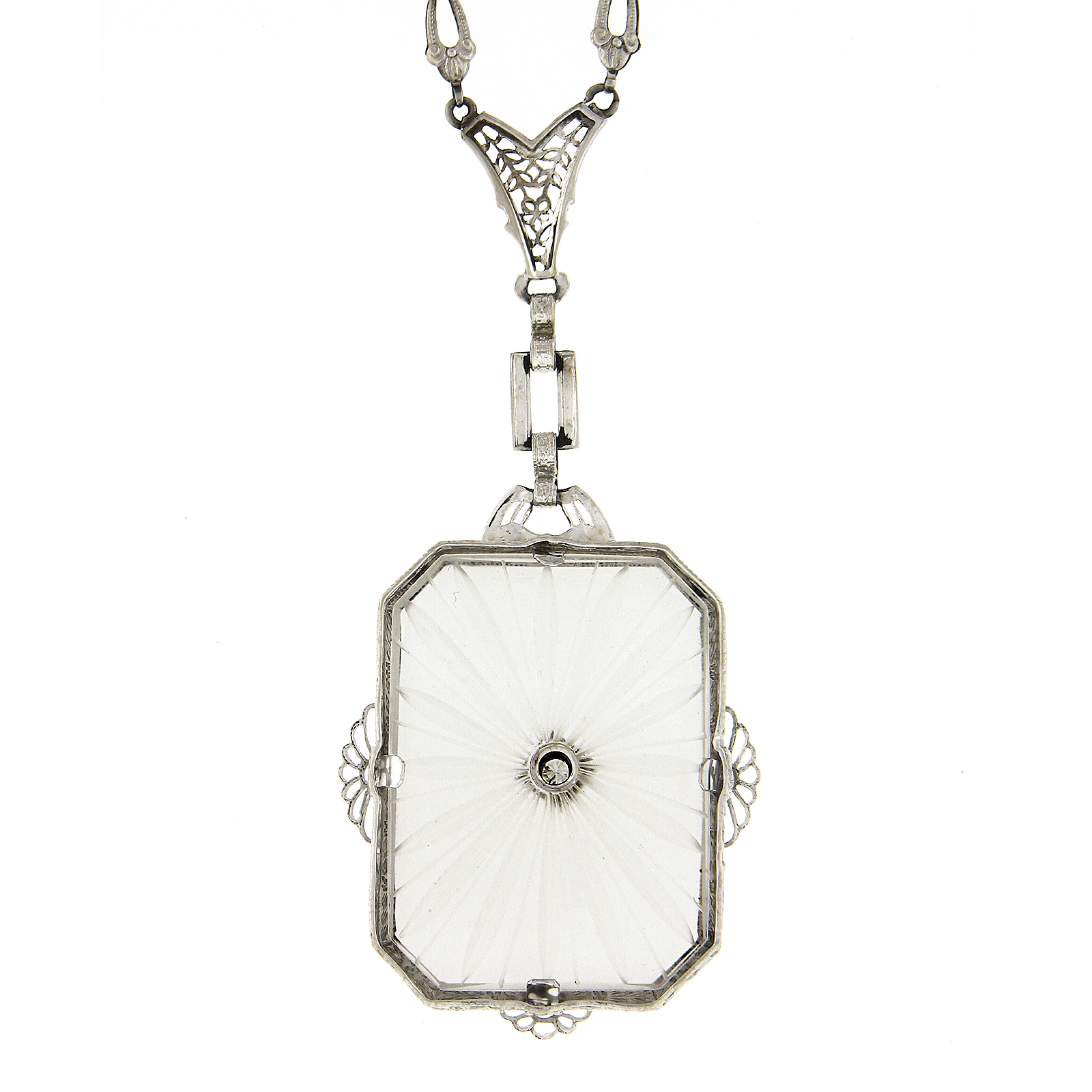 Antique Art Deco 14k Gold Large Camphor Glass Diamond Filigree Pendant Necklace Pour femmes en vente