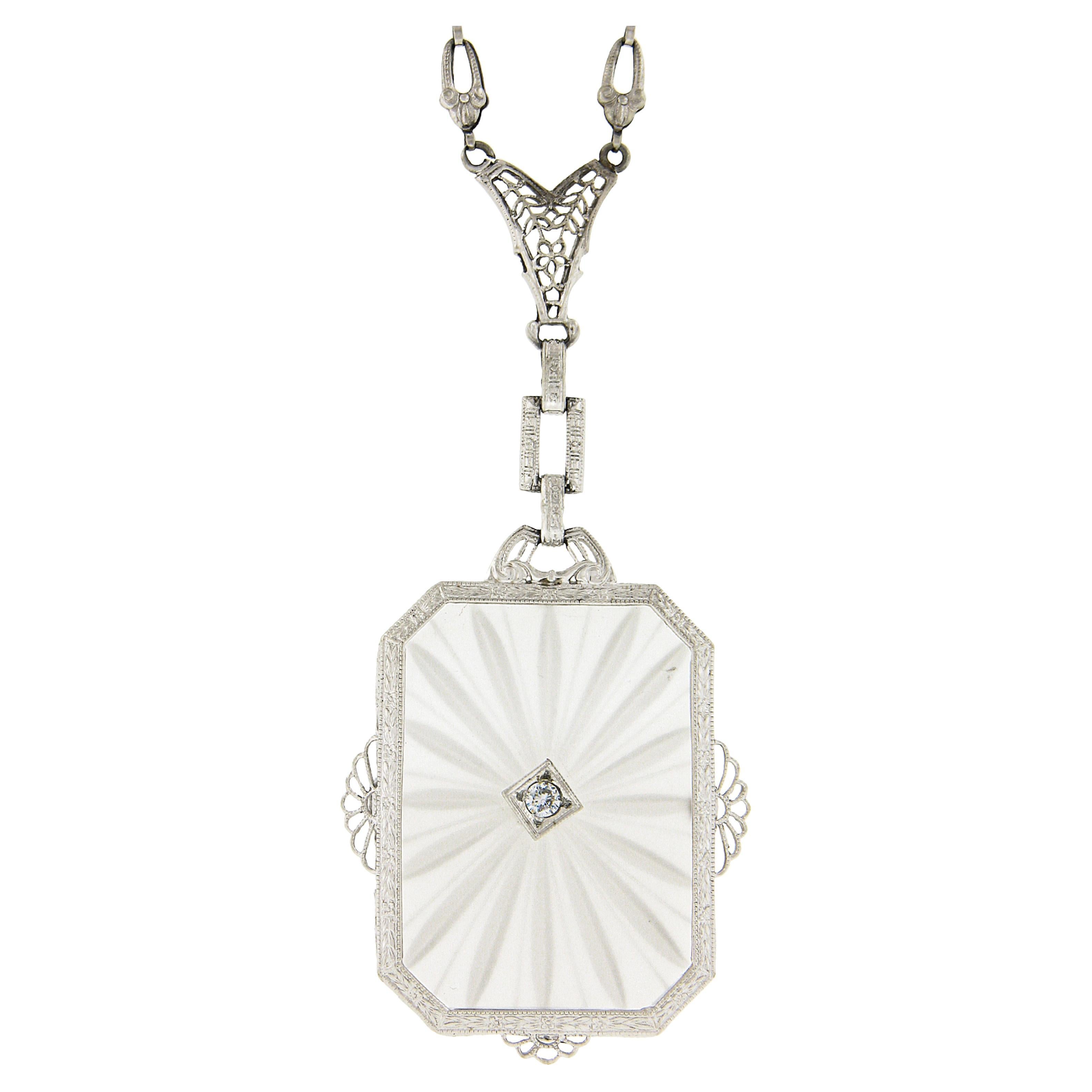 Antique Art Deco 14k Gold Large Camphor Glass Diamond Filigree Pendant Necklace For Sale