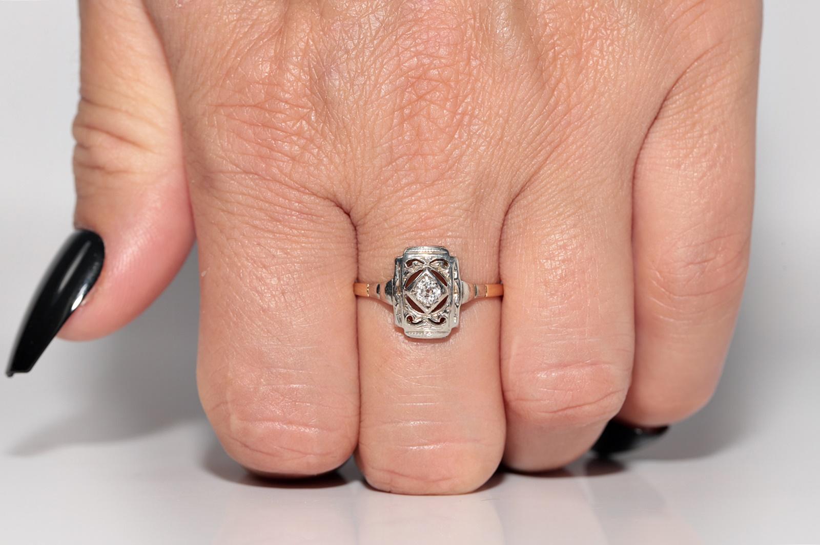 Antiker Art Deco 14k Gold Natürlicher Altschliff Diamant Verzierter Solitär Ring (Art déco) im Angebot