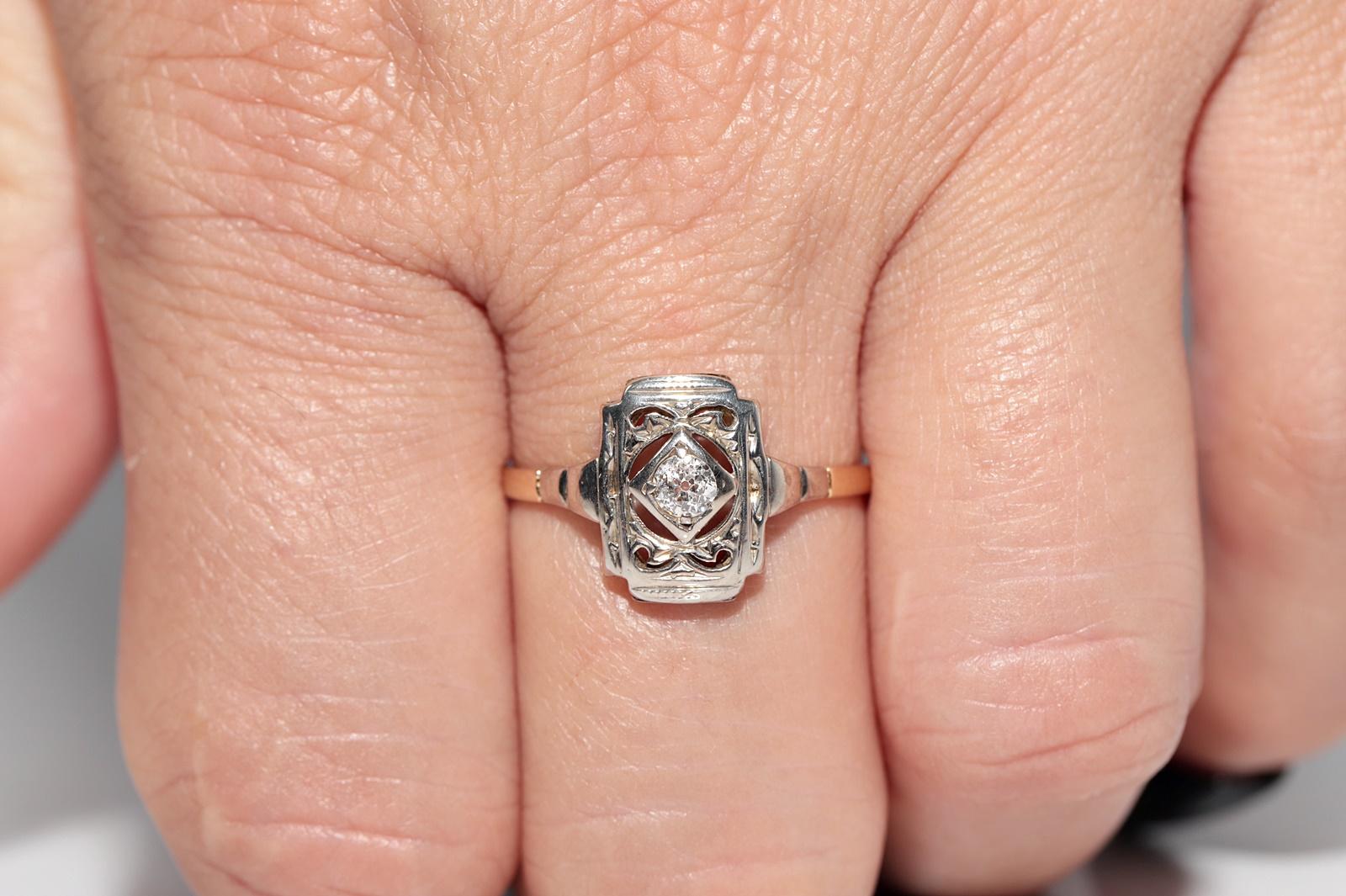 Antiker Art Deco 14k Gold Natürlicher Altschliff Diamant Verzierter Solitär Ring (Alteuropäischer Brillantschliff) im Angebot