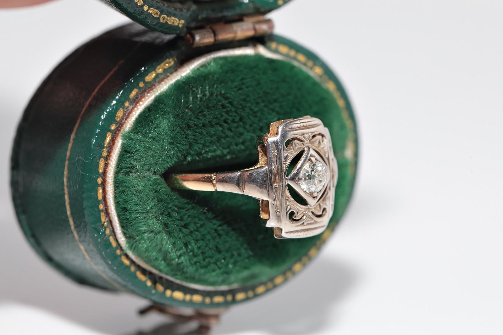 Antiker Art Deco 14k Gold Natürlicher Altschliff Diamant Verzierter Solitär Ring im Angebot 1