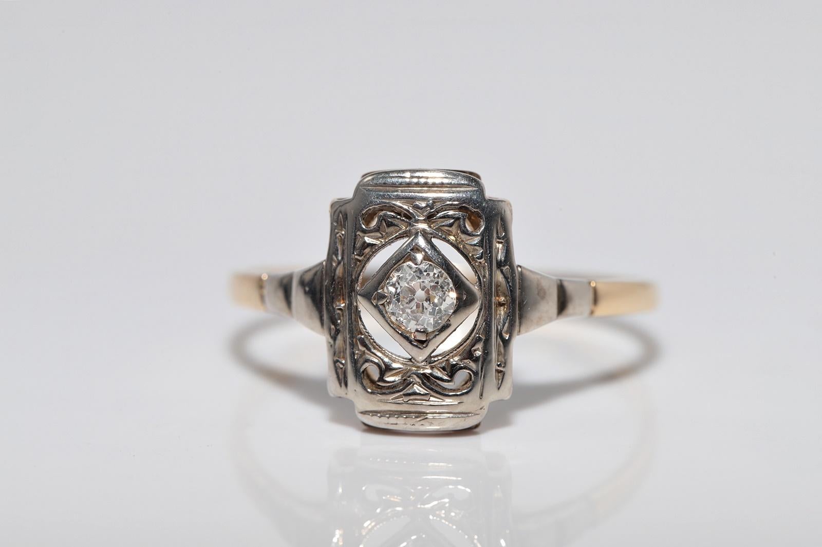 Antiker Art Deco 14k Gold Natürlicher Altschliff Diamant Verzierter Solitär Ring im Angebot 2