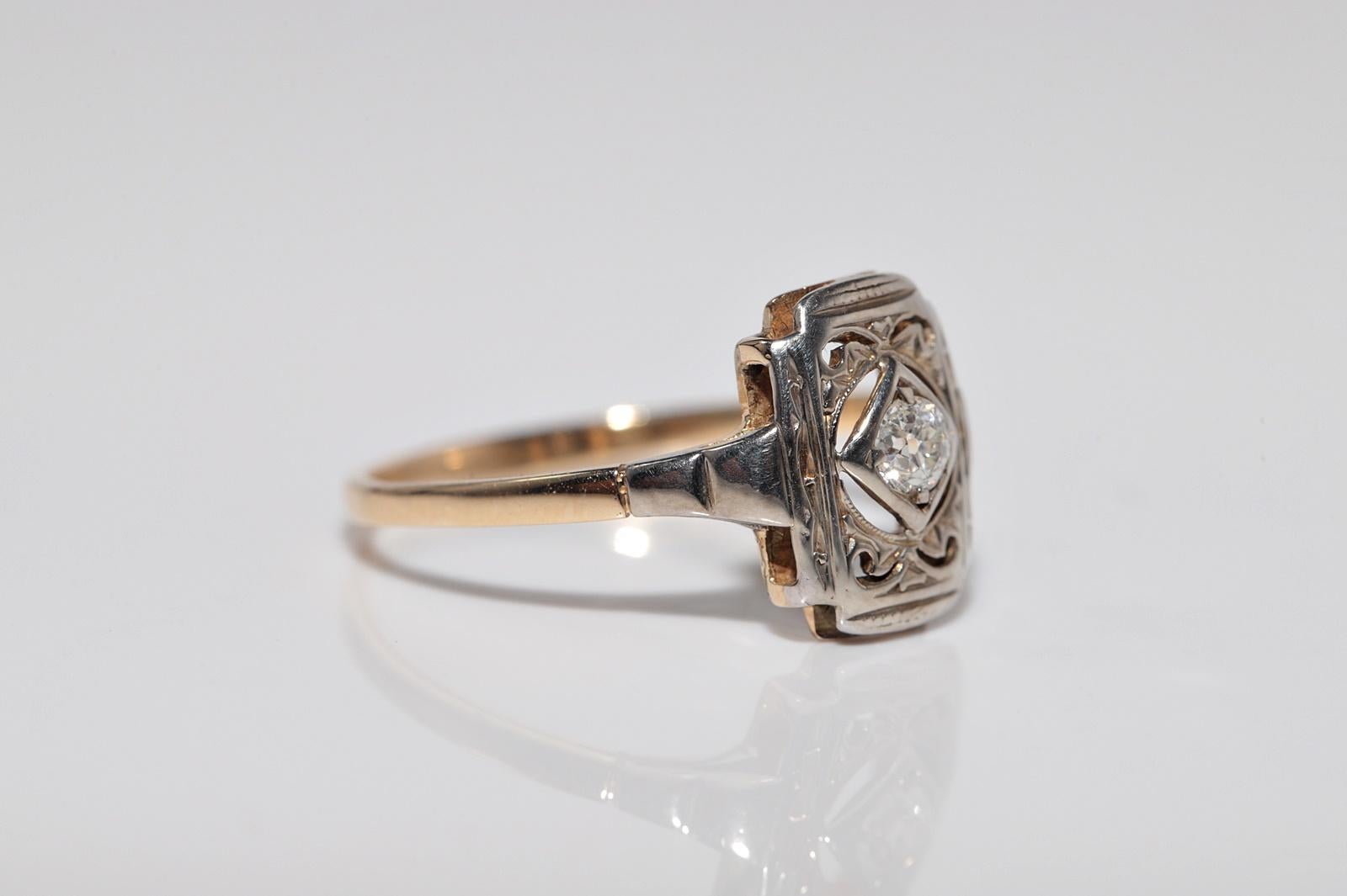 Antiker Art Deco 14k Gold Natürlicher Altschliff Diamant Verzierter Solitär Ring im Angebot 3