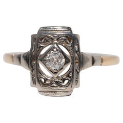 Antique Art Deco 14k Gold Natural Old Cut Diamond Decorated Solitaire Ring