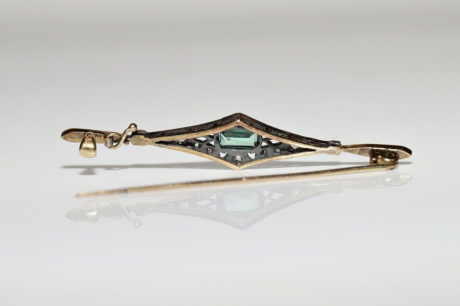 Antique Art Deco 14k Gold Natural Rose Cut Diamond And Emerald Decorated Brooch For Sale 7