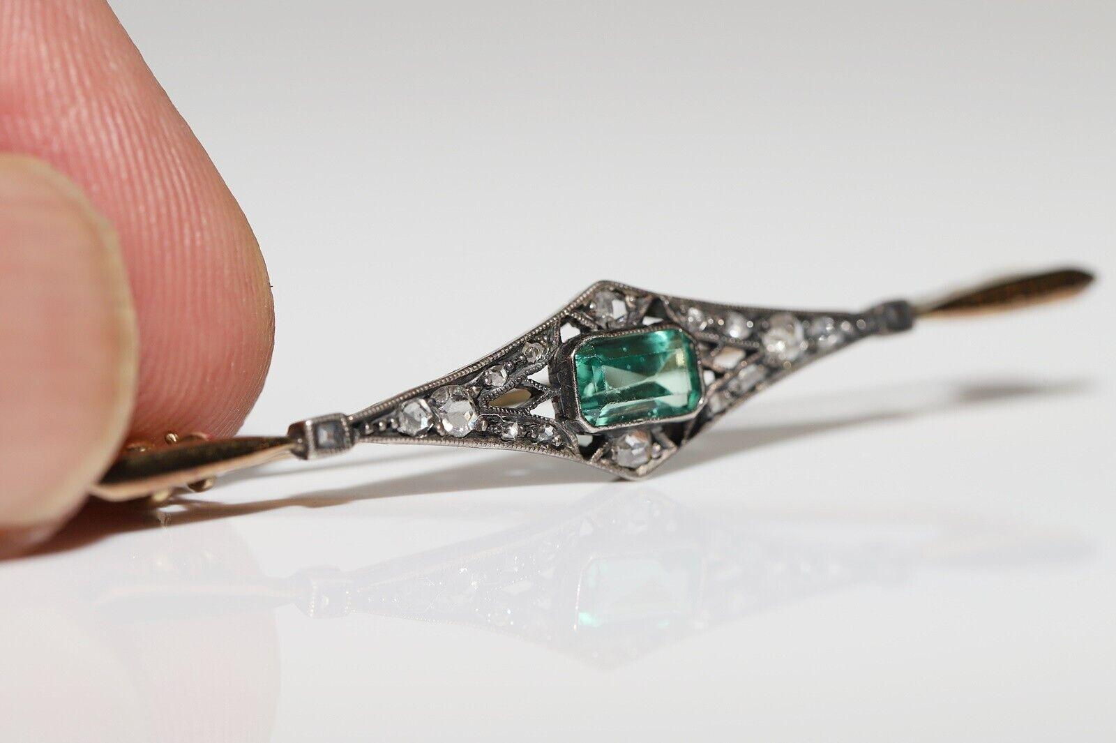 Antique Art Deco 14k Gold Natural Rose Cut Diamond And Emerald Decorated Brooch In Good Condition For Sale In Fatih/İstanbul, 34