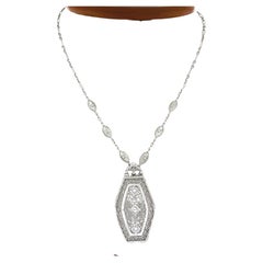Antique Art Deco 14k Gold Old European Diamond Filigree Pendant & Chain Necklace