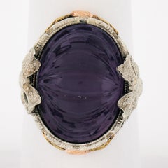Antique Art Deco 14k Gold Oval Carved Amethyst Filigree Floral Ring w/ Bow Sides