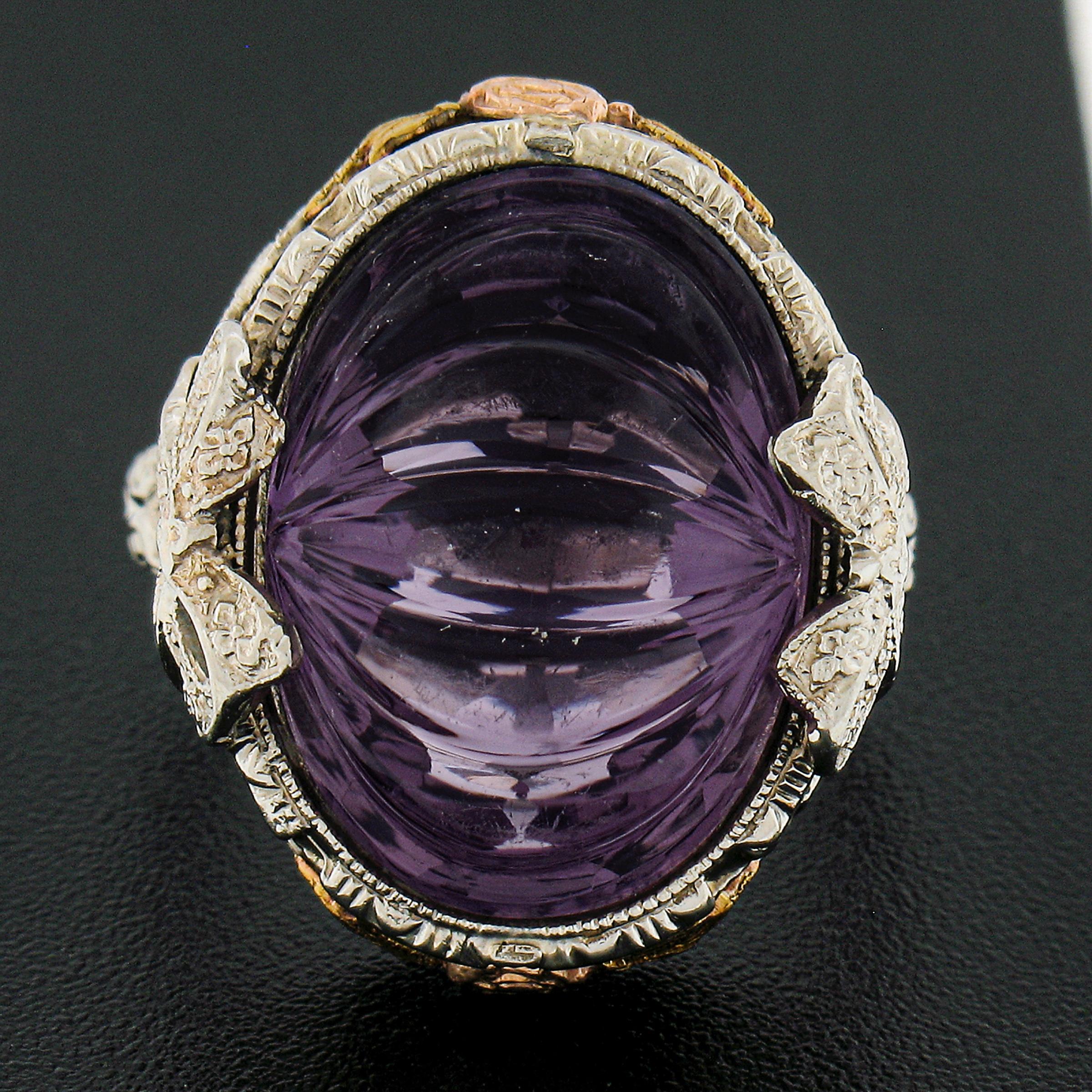 Oval Cut Antique Art Deco 14k Gold Oval Carved Amethyst Filigree Floral Ring w/ Bow Sides For Sale