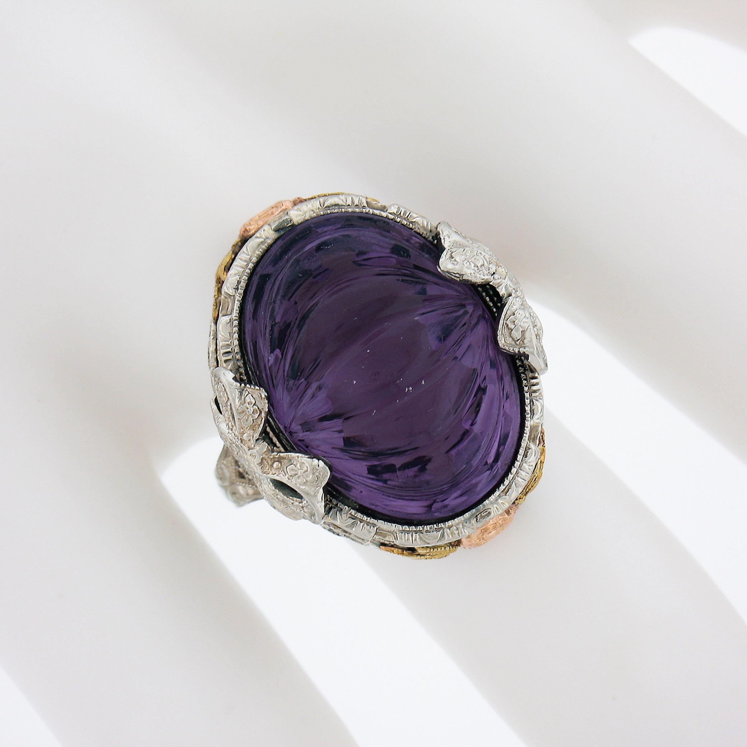 Antique Art Deco 14k Gold Oval Carved Amethyst Filigree Floral Ring w/ Bow Sides In Good Condition For Sale In Montclair, NJ
