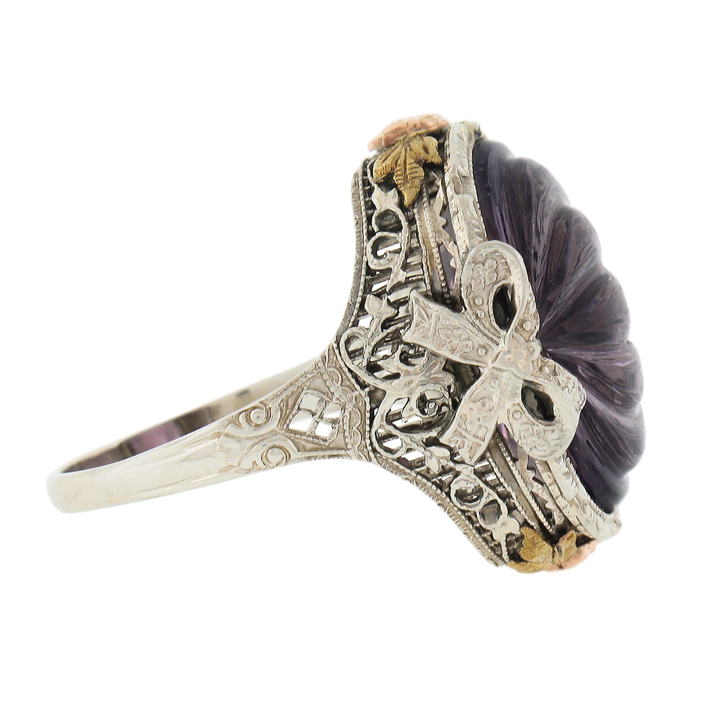 Women's Antique Art Deco 14k Gold Oval Carved Amethyst Filigree Floral Ring w/ Bow Sides For Sale
