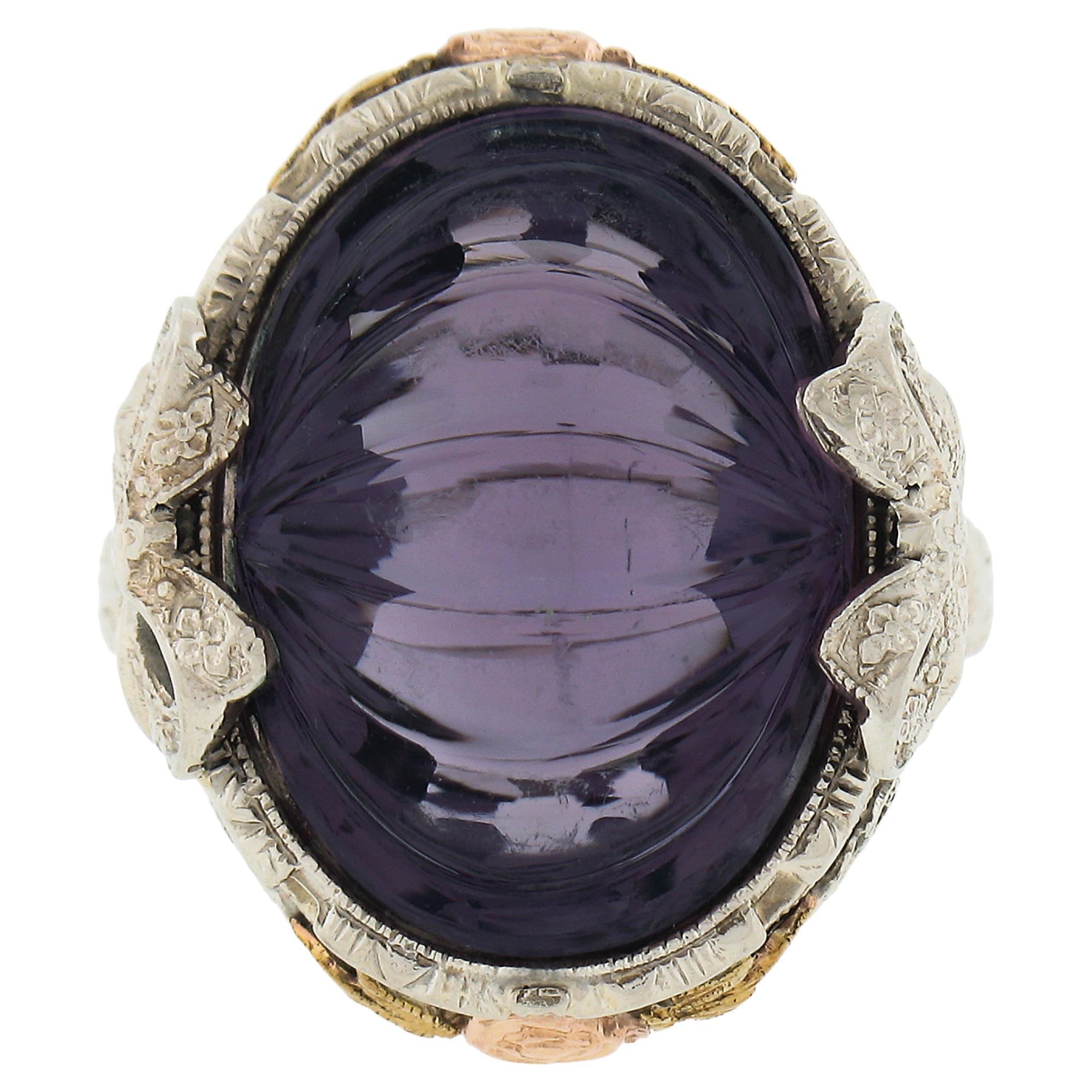 Antique Art Deco 14k Gold Oval Carved Amethyst Filigree Floral Ring w/ Bow Sides For Sale