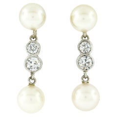 Antique Art Deco 14k Gold Pearl w/ European Bezel Diamond Drop Dangle Earrings