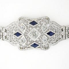Antique Art Deco 14k Gold Platinum 0.81c Diamond Sapphire Open Filigree Bracelet