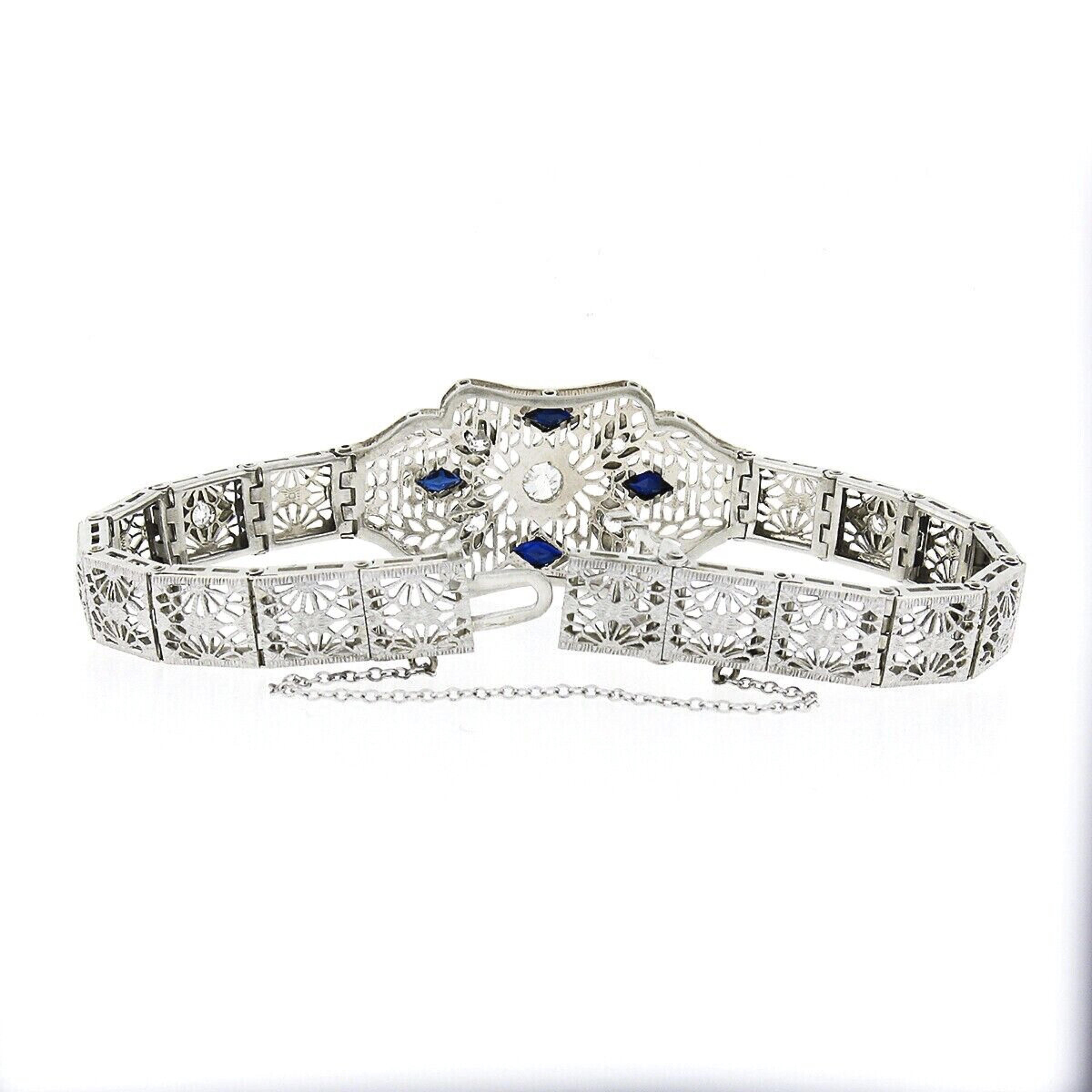 Old European Cut Antique Art Deco 14k Gold Platinum 0.81c Diamond Sapphire Open Filigree Bracelet For Sale