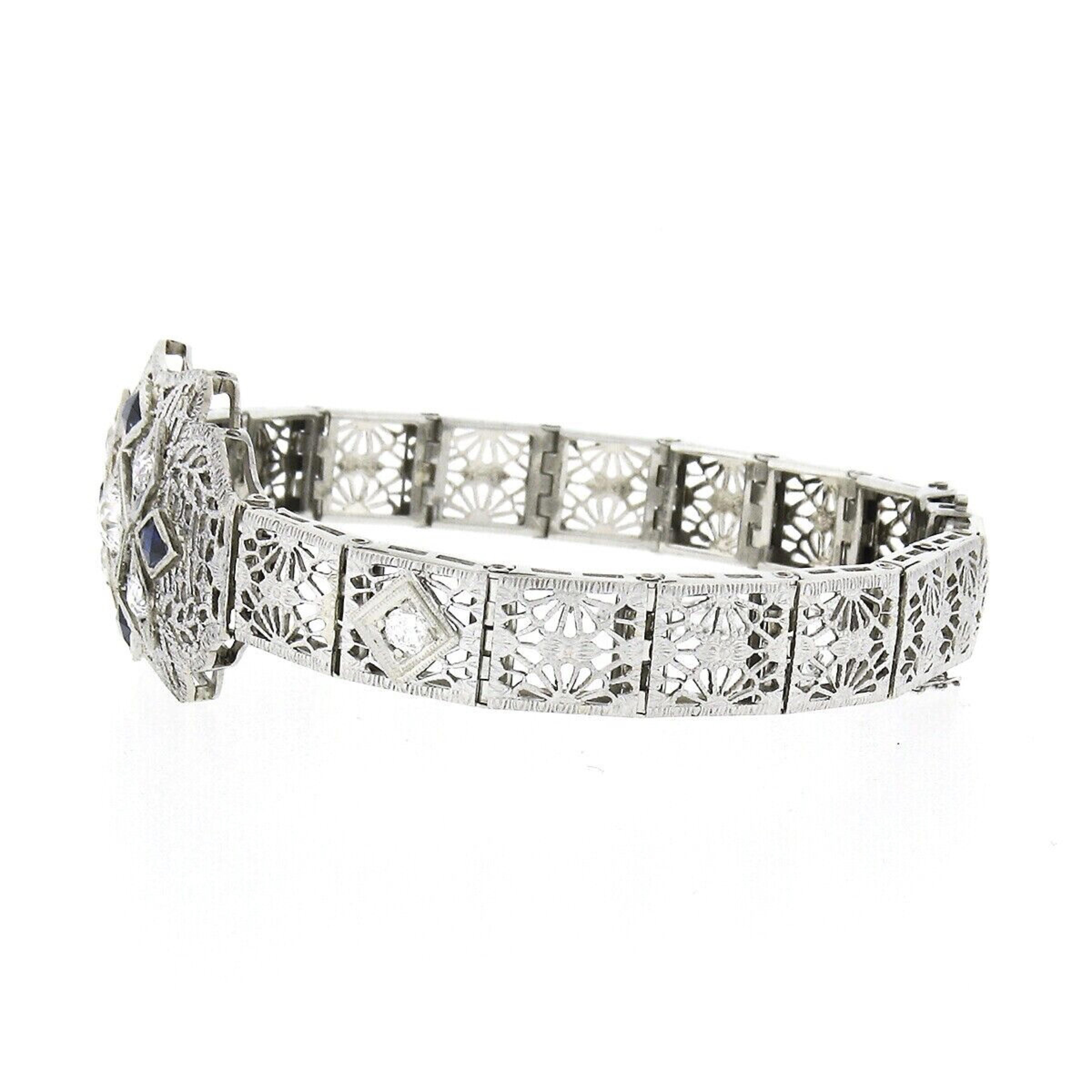 Antique Art Deco 14k Gold Platinum 0.81c Diamond Sapphire Open Filigree Bracelet In Good Condition For Sale In Montclair, NJ