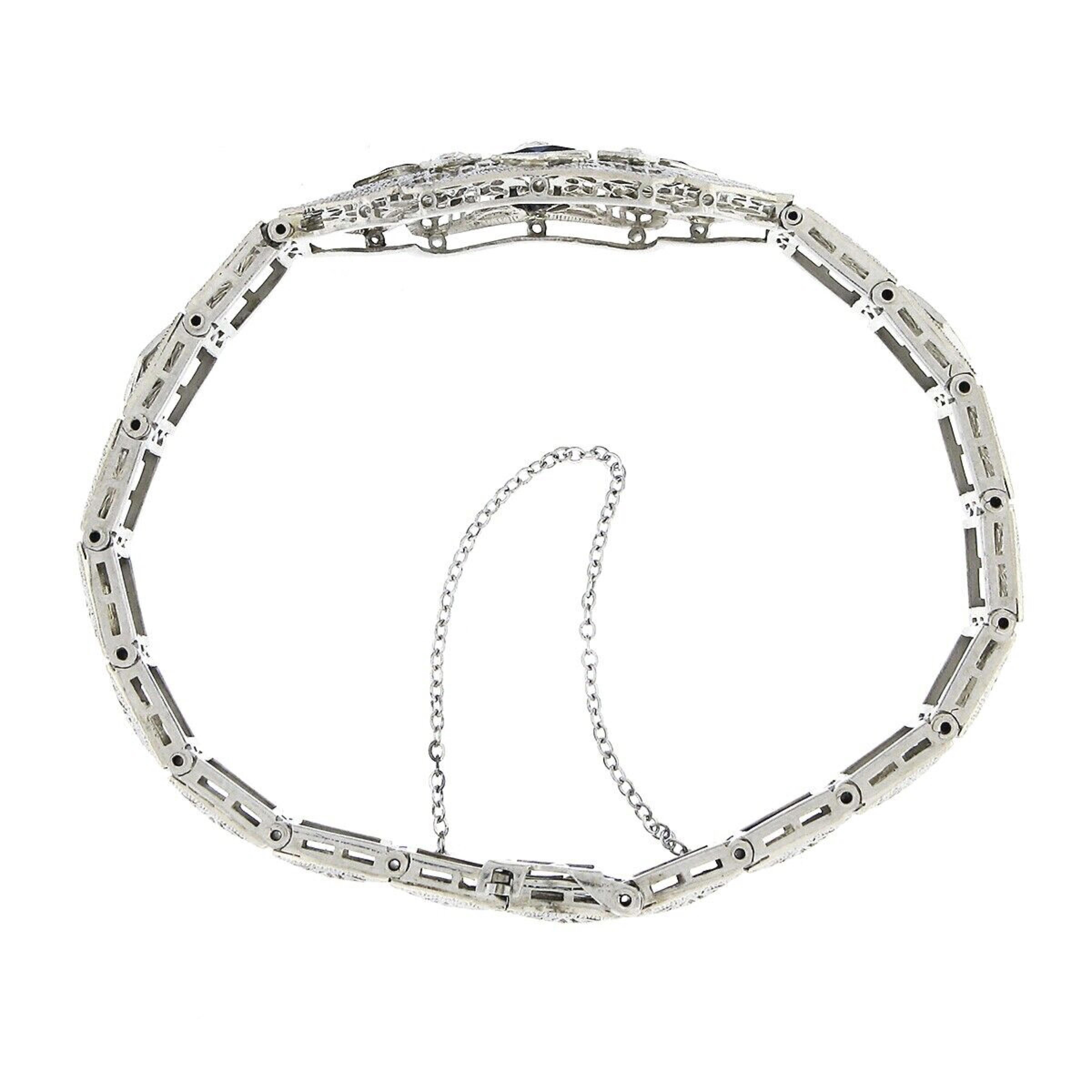 Bracelet filigrane ancien Art déco en or 14 carats, platine, diamants 0,81 carat et saphirs Pour femmes en vente