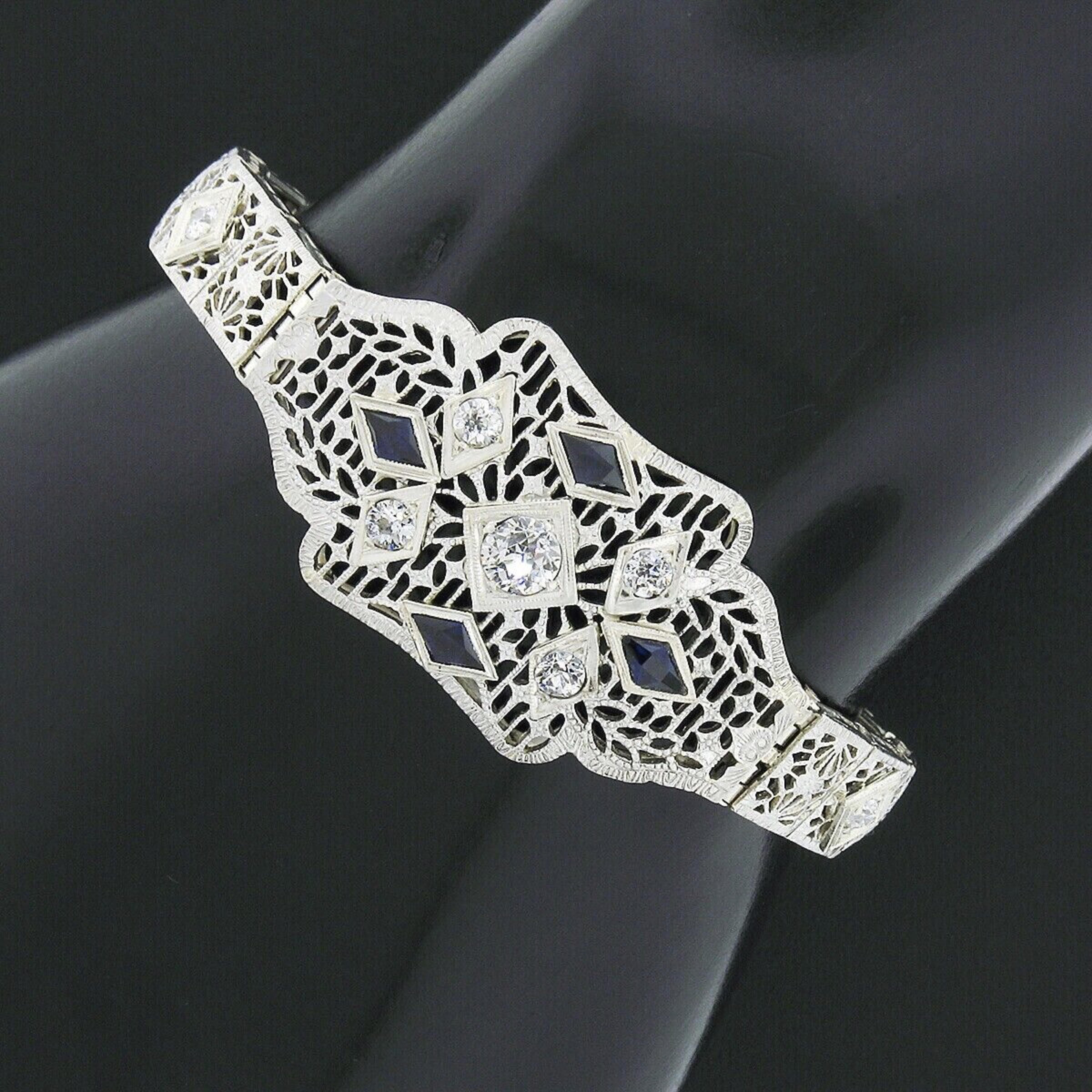 Bracelet filigrane ancien Art déco en or 14 carats, platine, diamants 0,81 carat et saphirs en vente 1