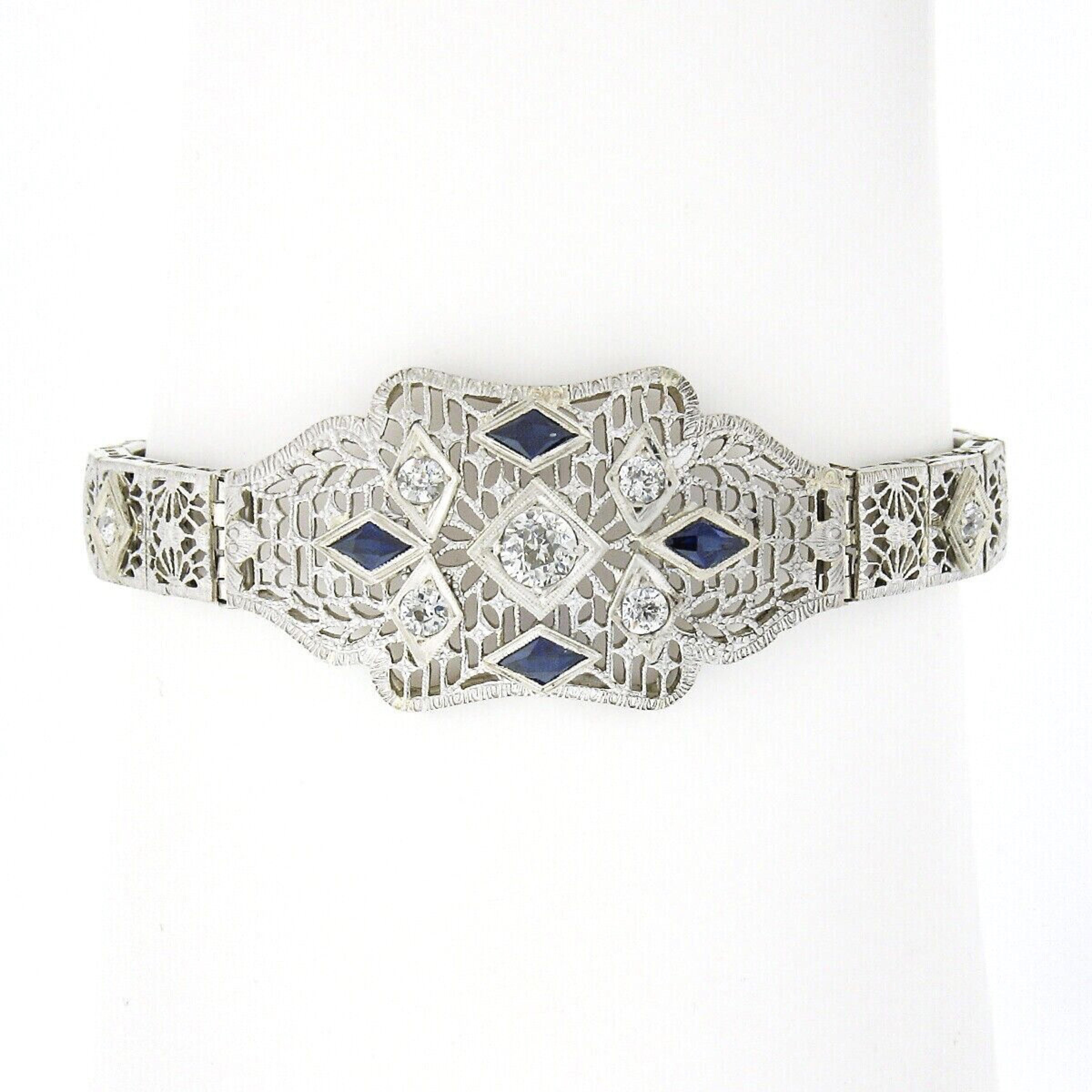 Bracelet filigrane ancien Art déco en or 14 carats et platine avec diamants 0,81 carat et saphirs