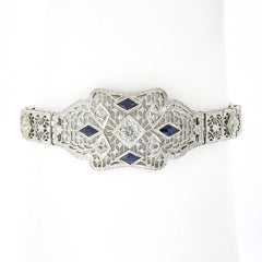 Antique Art Deco 14k Gold Platinum 0.81c Diamond Sapphire Open Filigree Bracelet