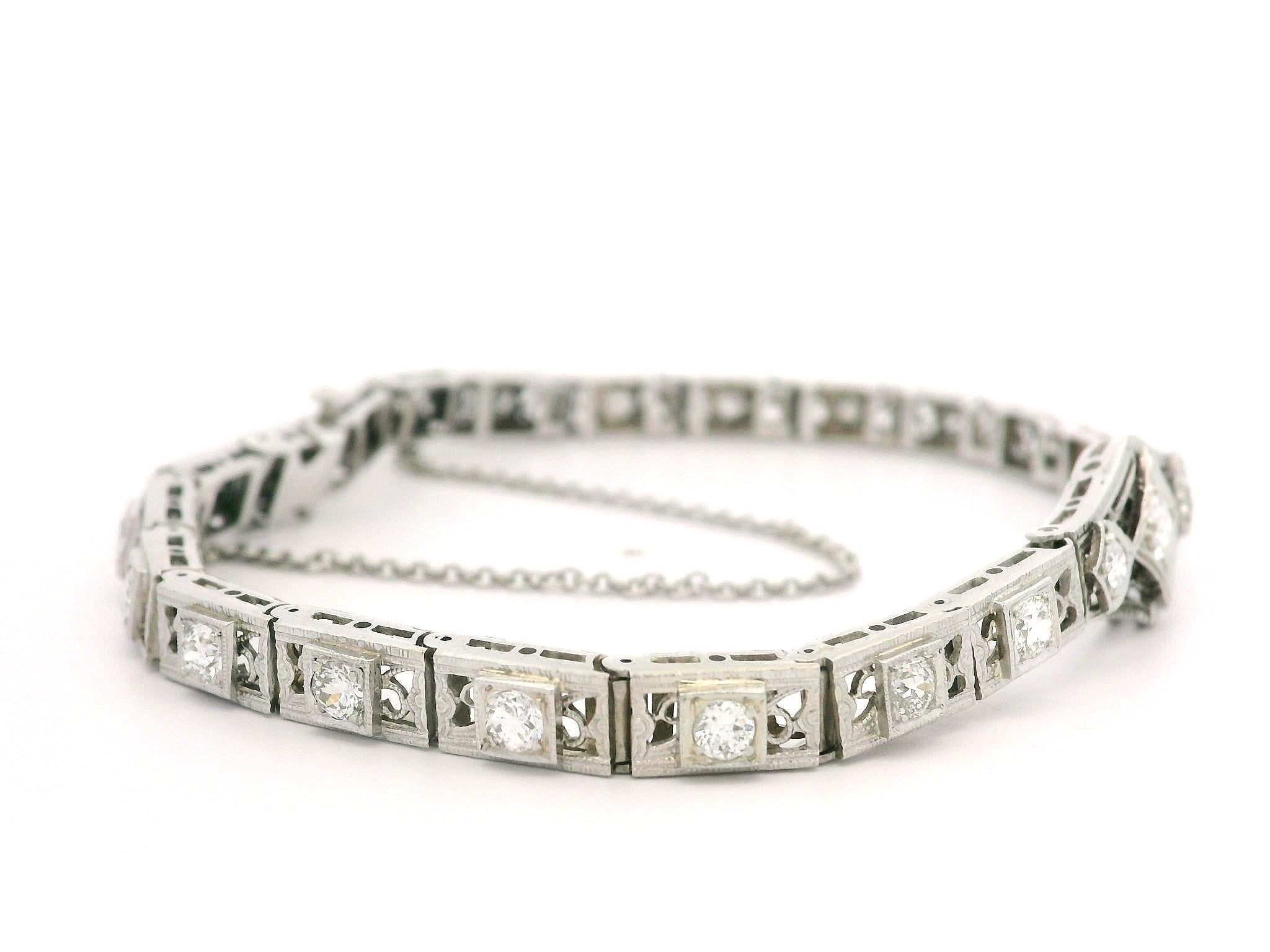 Antique Art Deco 14k Gold & Platinum 1.39ctw Diamond Filigree Tennis Bracelet For Sale 5