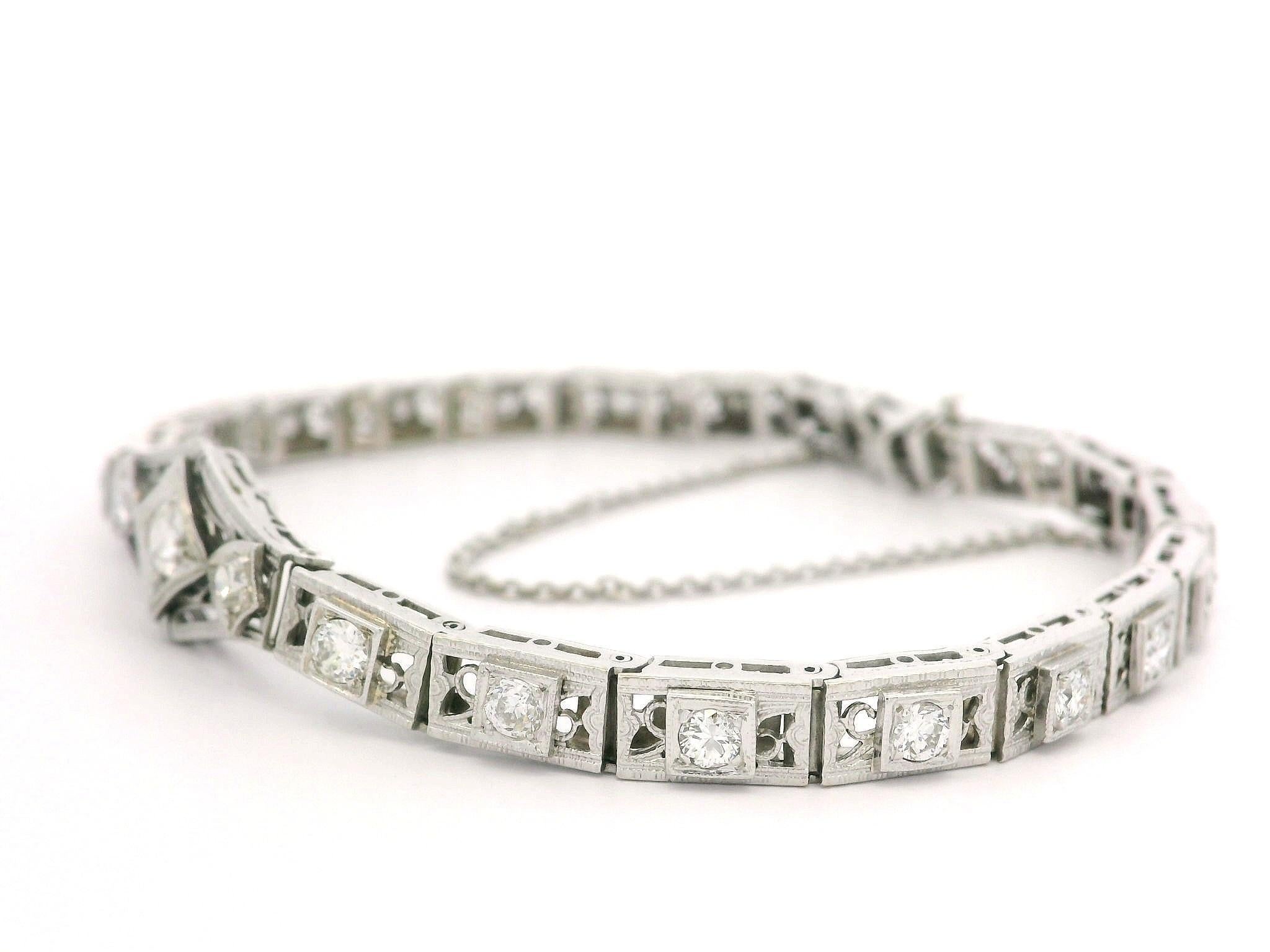 Old European Cut Antique Art Deco 14k Gold & Platinum 1.39ctw Diamond Filigree Tennis Bracelet For Sale