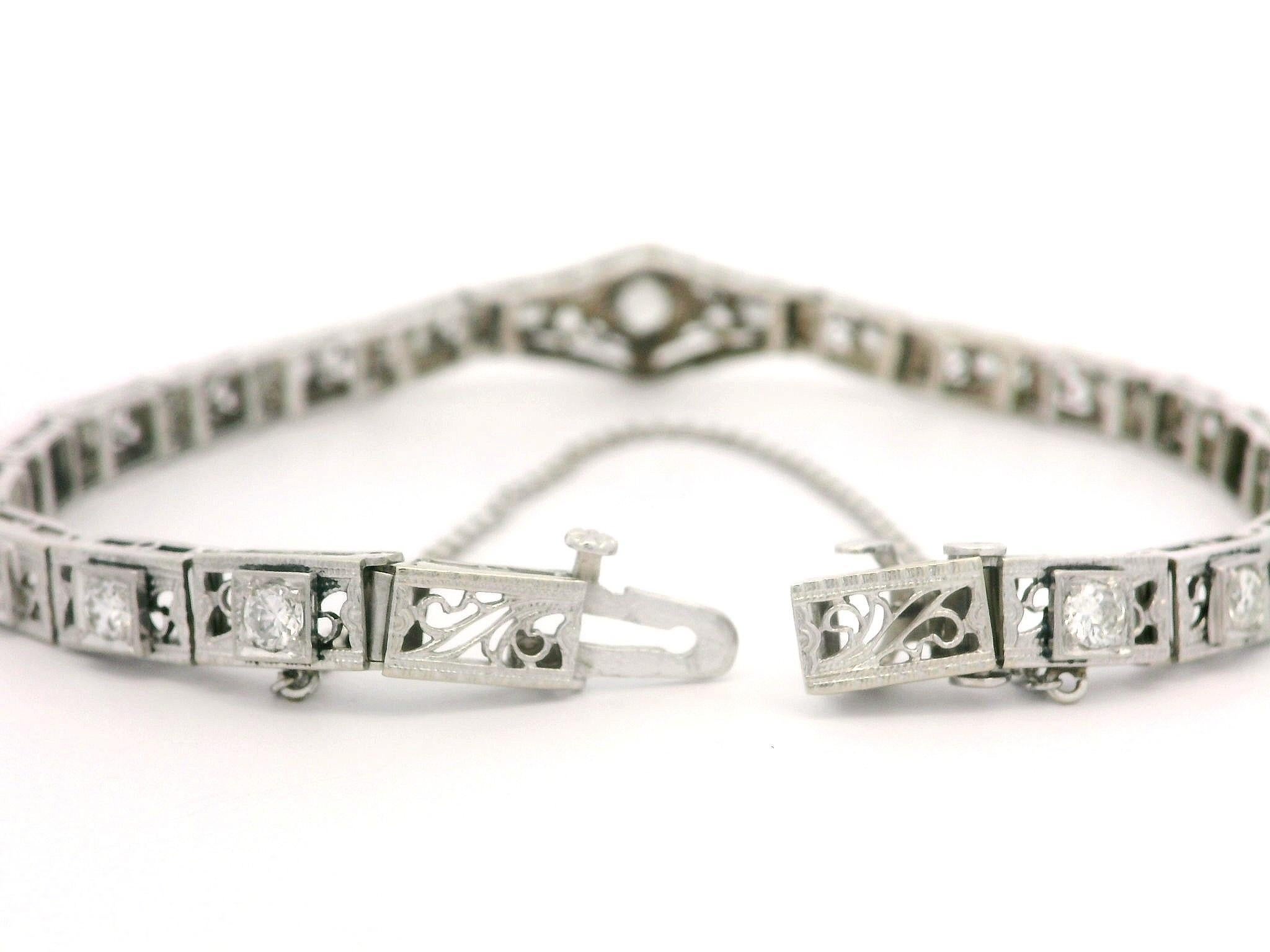 Women's Antique Art Deco 14k Gold & Platinum 1.39ctw Diamond Filigree Tennis Bracelet For Sale