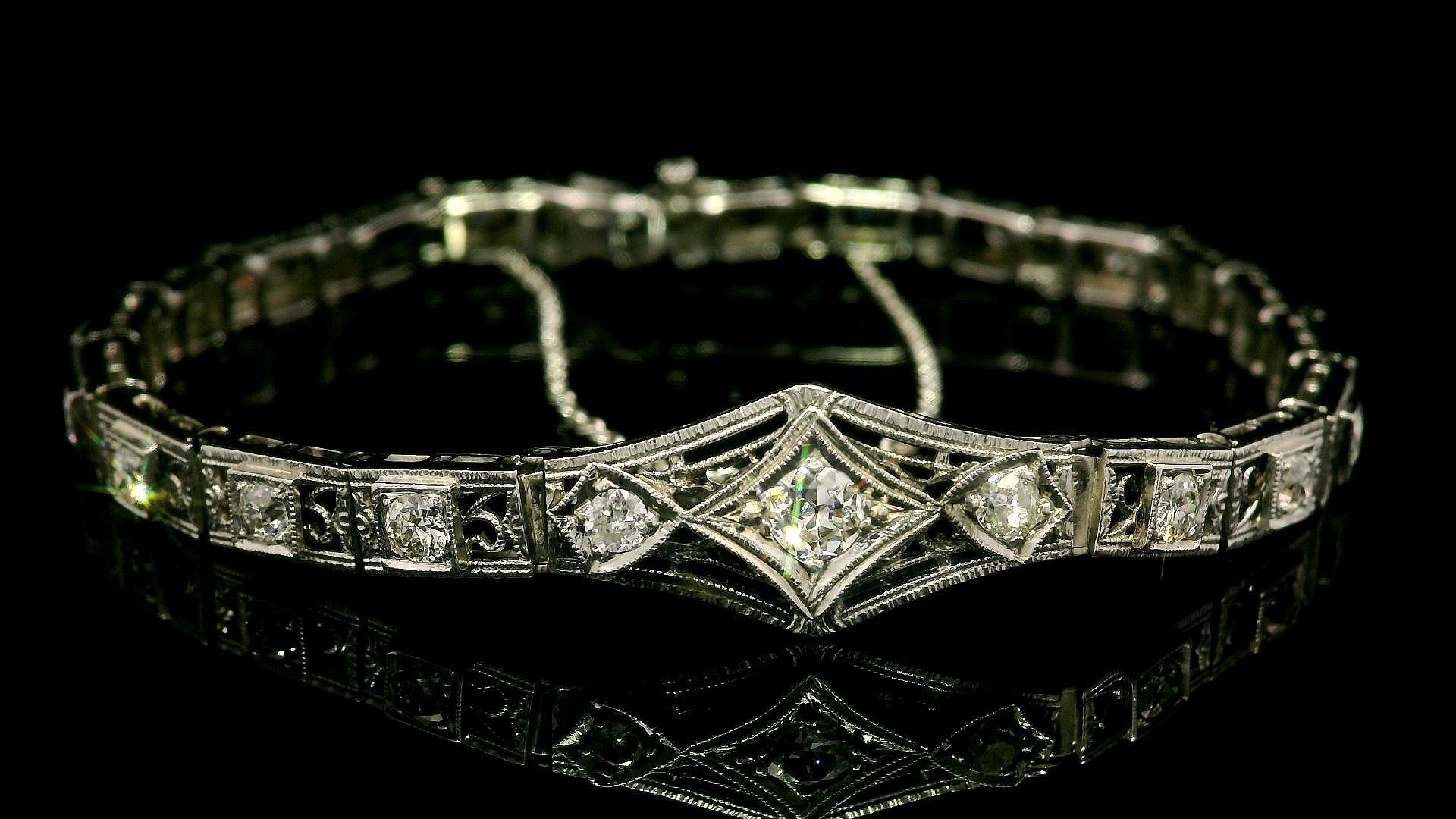 Antique Art Deco 14k Gold & Platinum 1.39ctw Diamond Filigree Tennis Bracelet For Sale 1