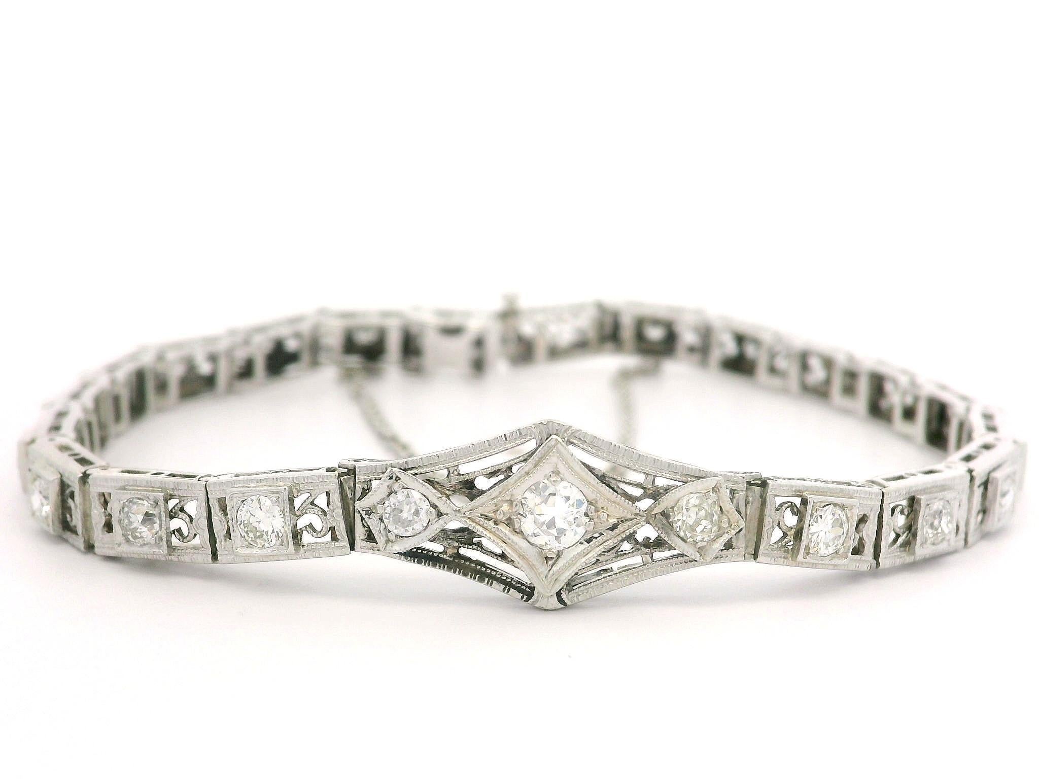 Antique Art Deco 14k Gold & Platinum 1.39ctw Diamond Filigree Tennis Bracelet For Sale 4