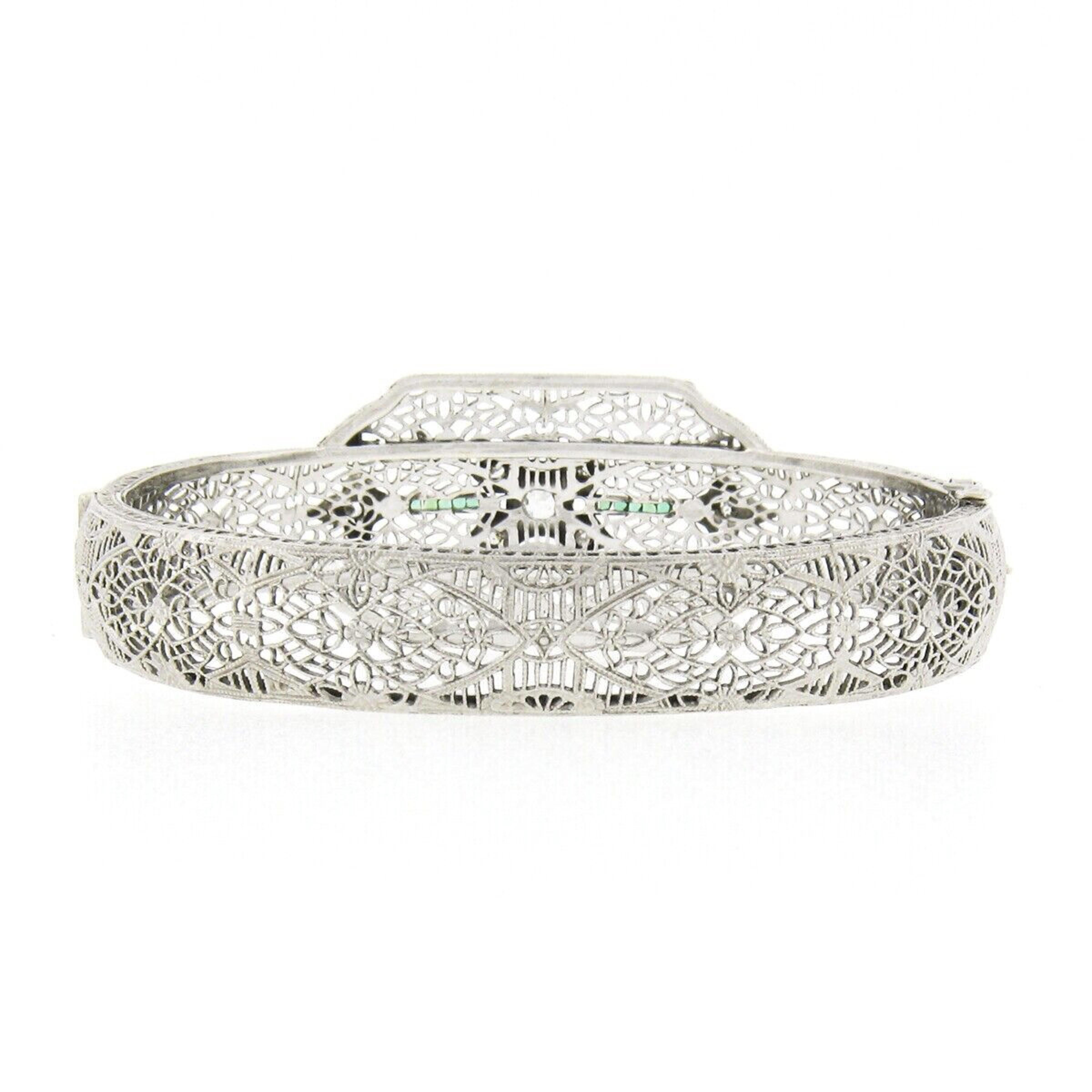 Square Cut Antique Art Deco 14k Gold Platinum Diamond Emerald Filigree Bangle Bracelet