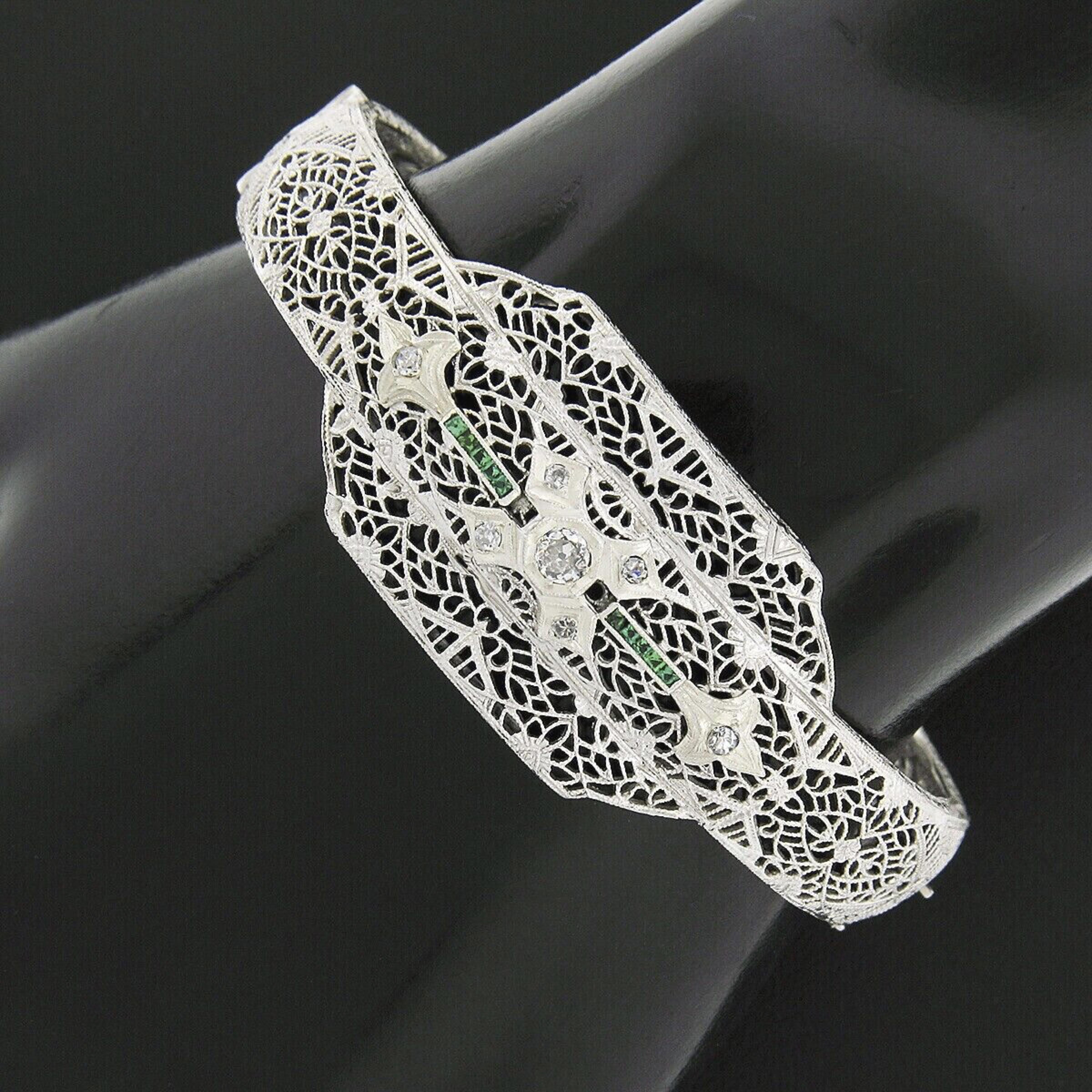 Antique Art Deco 14k Gold Platinum Diamond Emerald Filigree Bangle Bracelet 2