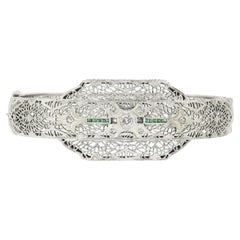 Antique Art Deco 14k Gold Platinum Diamond Emerald Filigree Bangle Bracelet