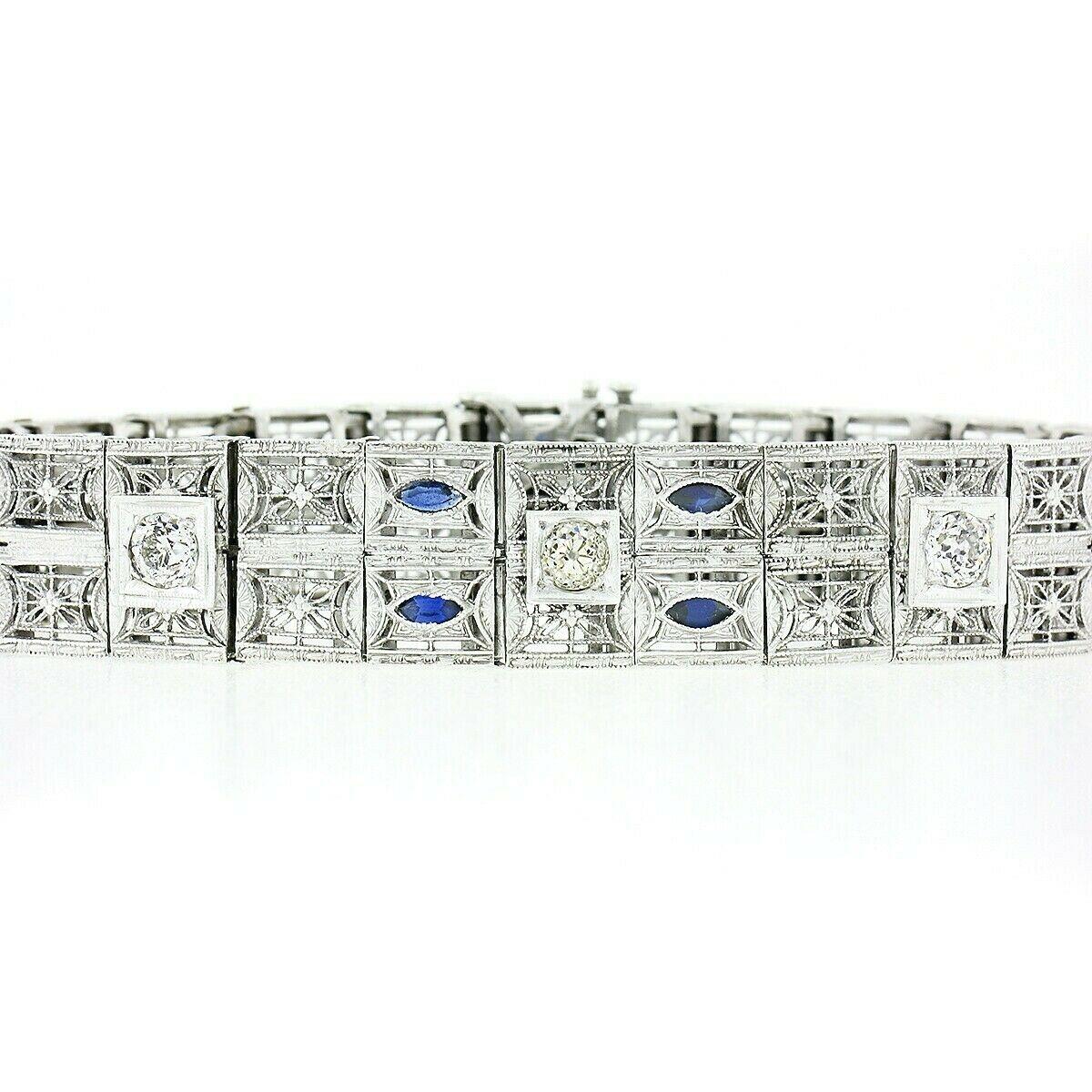 Old European Cut Antique Art Deco 14k Gold Platinum Diamond Sapphire Wide Filigree Bracelet Mint For Sale