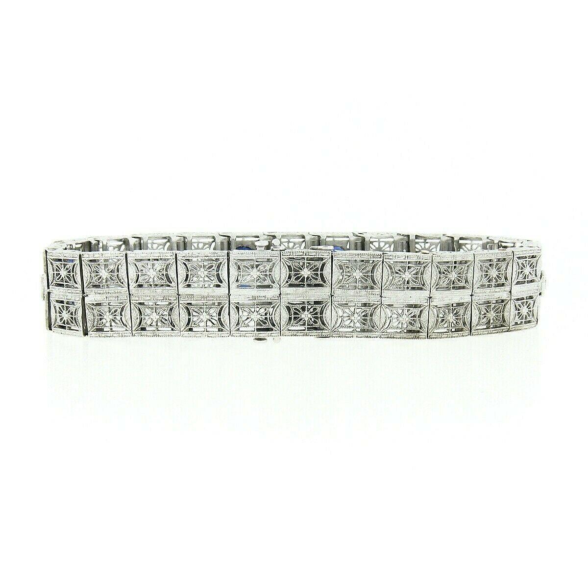 Antique Art Deco 14k Gold Platinum Diamond Sapphire Wide Filigree Bracelet Mint In Good Condition For Sale In Montclair, NJ