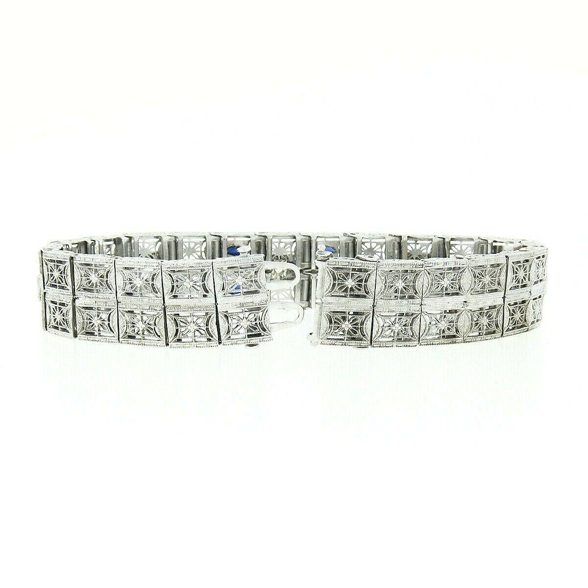 Women's or Men's Antique Art Deco 14k Gold Platinum Diamond Sapphire Wide Filigree Bracelet Mint For Sale