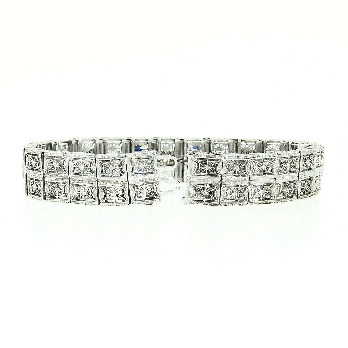Women's or Men's Antique Art Deco 14k Gold Platinum Diamond Sapphire Wide Filigree Bracelet Mint For Sale
