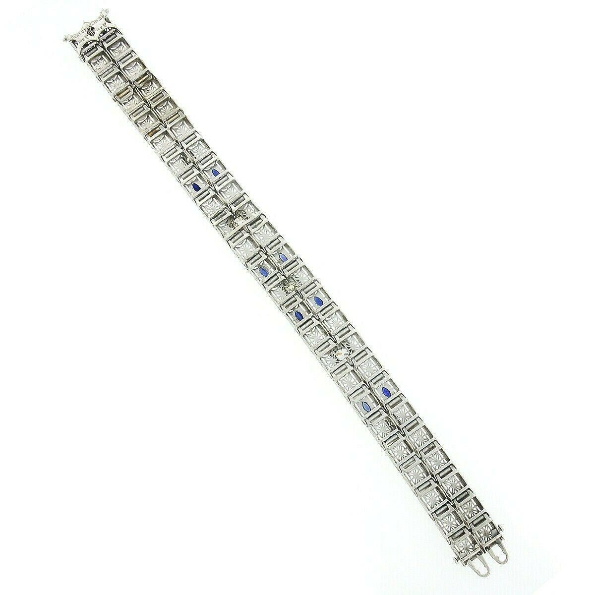 Antique Art Deco 14k Gold Platinum Diamond Sapphire Wide Filigree Bracelet Mint For Sale 4